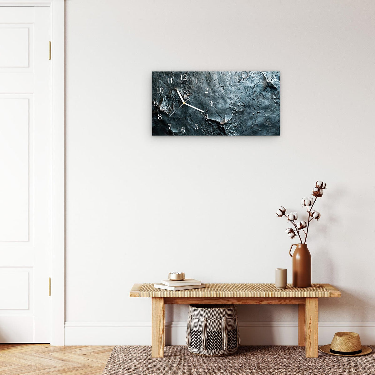 Moderne Wanduhr aus Glas mit Farbtiefe – Wanduhr Strukturierte Steinoberfläche aus Glas – Querformat 60 × 30 cm