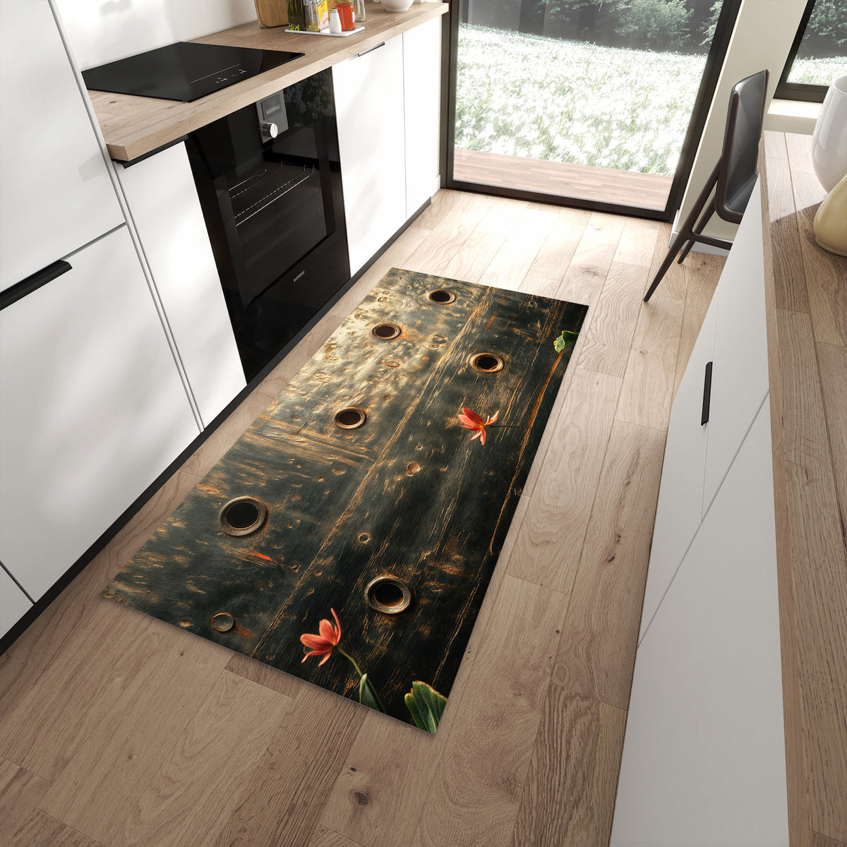 Waschbarer Küchenteppich mit Motiv Metallplatte Vintage in moderner Küche für sichere Aufbewahrung