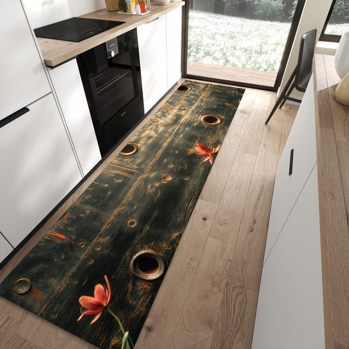 Formstabiler rutschfester Küchenteppich mit Motiv Metallplatte Vintage in moderner Küche