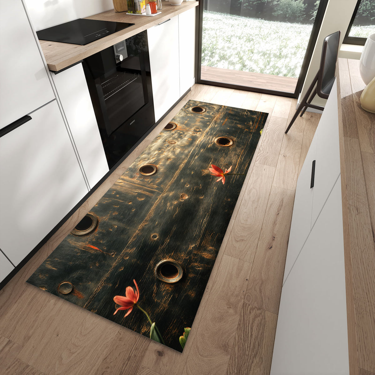 Waschbarer Teppich fürs Esszimmer mit Motiv Metallplatte Vintage in moderner Küche