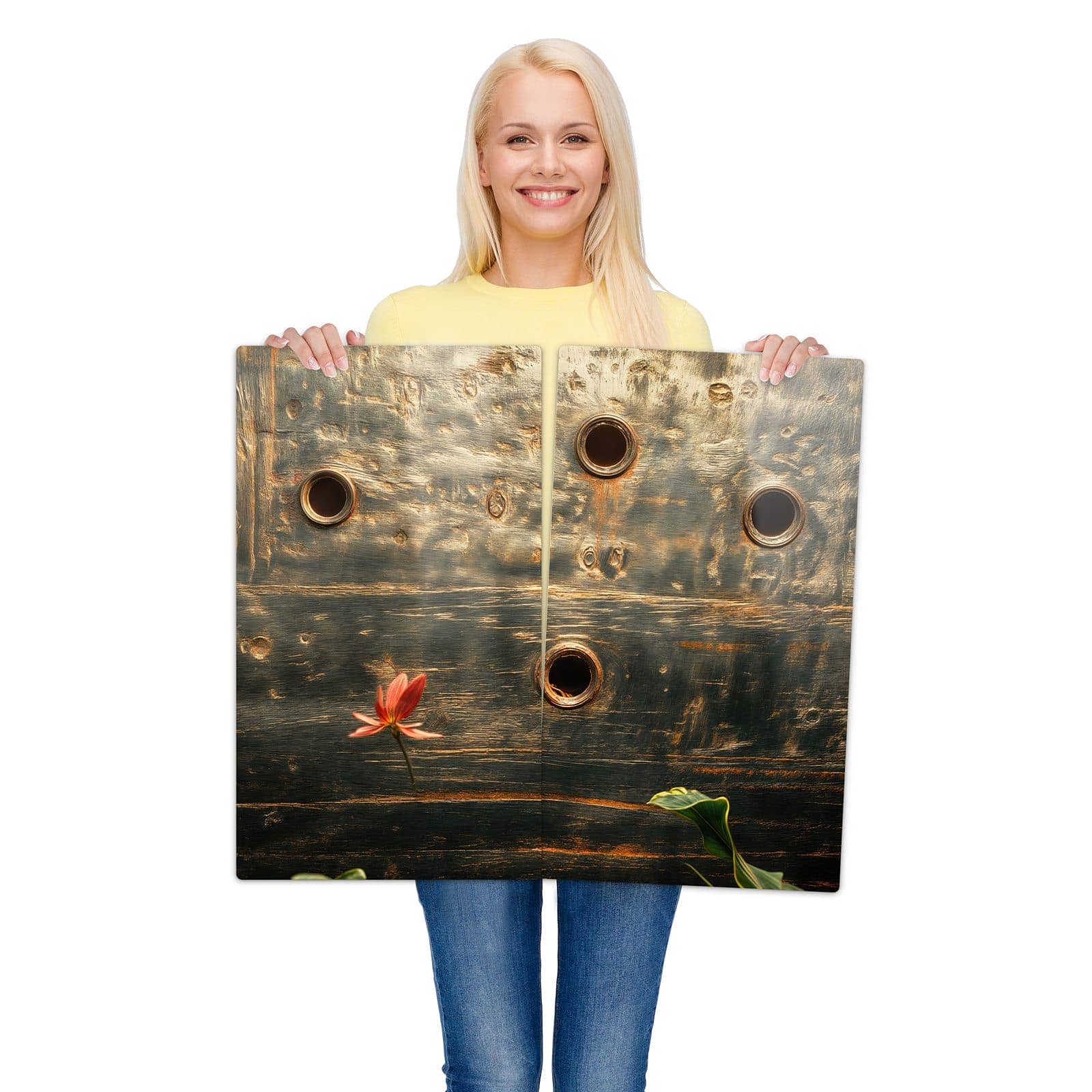 2-teilige Ceranfeld-Abdeckplatten mit Metallplatte Vintage-Motiv werden zur Größendarstellung gehalten