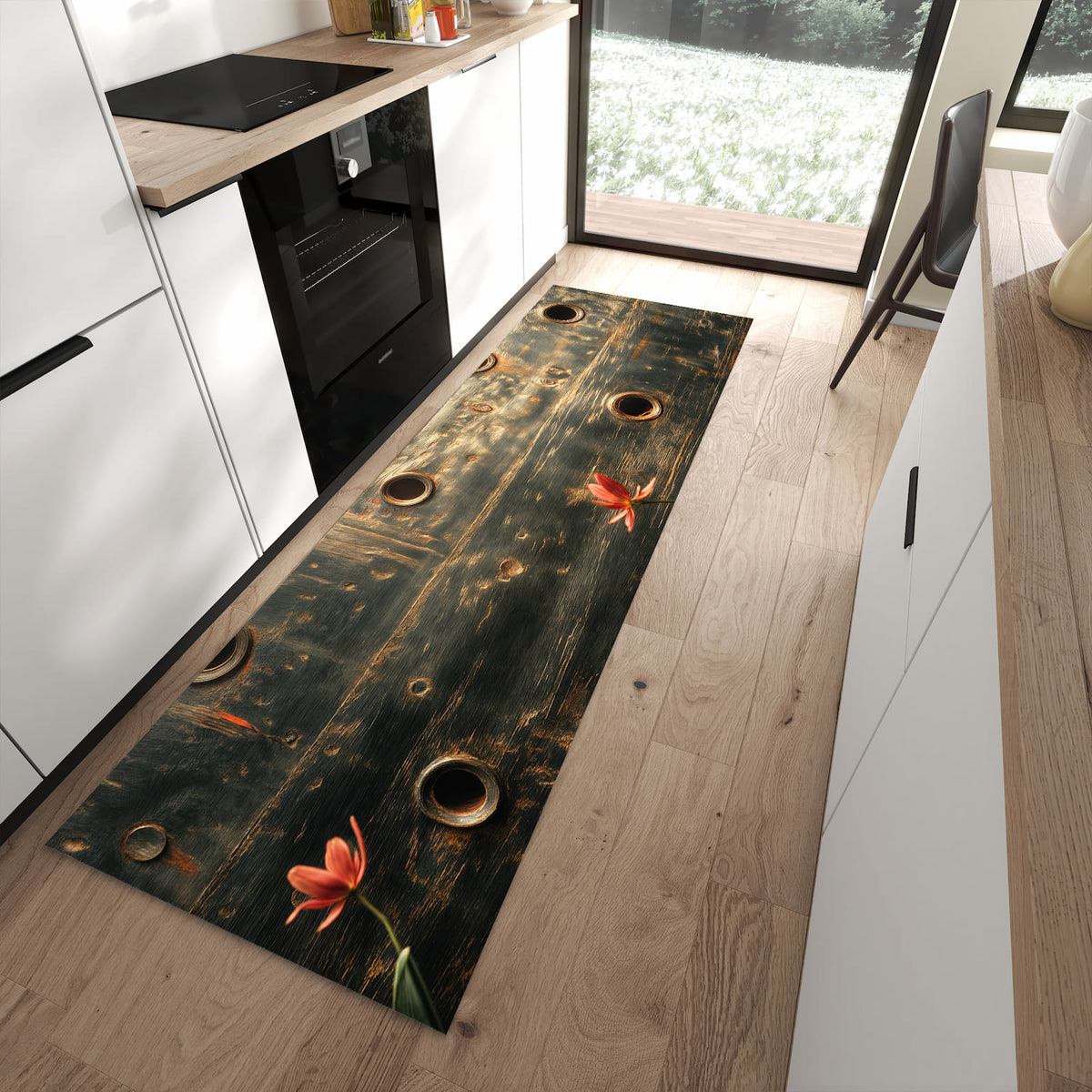 Bodenschonender rutschfester Läufer mit Motiv Metallplatte Vintage in moderner Küche
