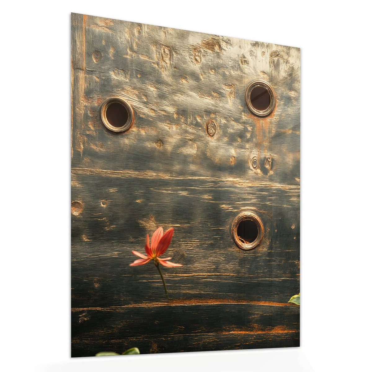 Echtglas, 4 mm – kein Acryl, keine Folie – Wandbild - Rote Blüten am Metall - Hochformat
