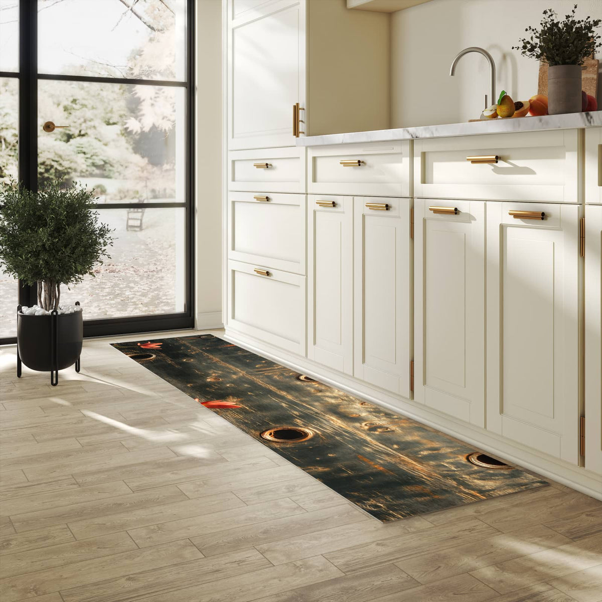 Waschbarer Bodenläufer Teppich mit Motiv Metallplatte Vintage in heller Küche