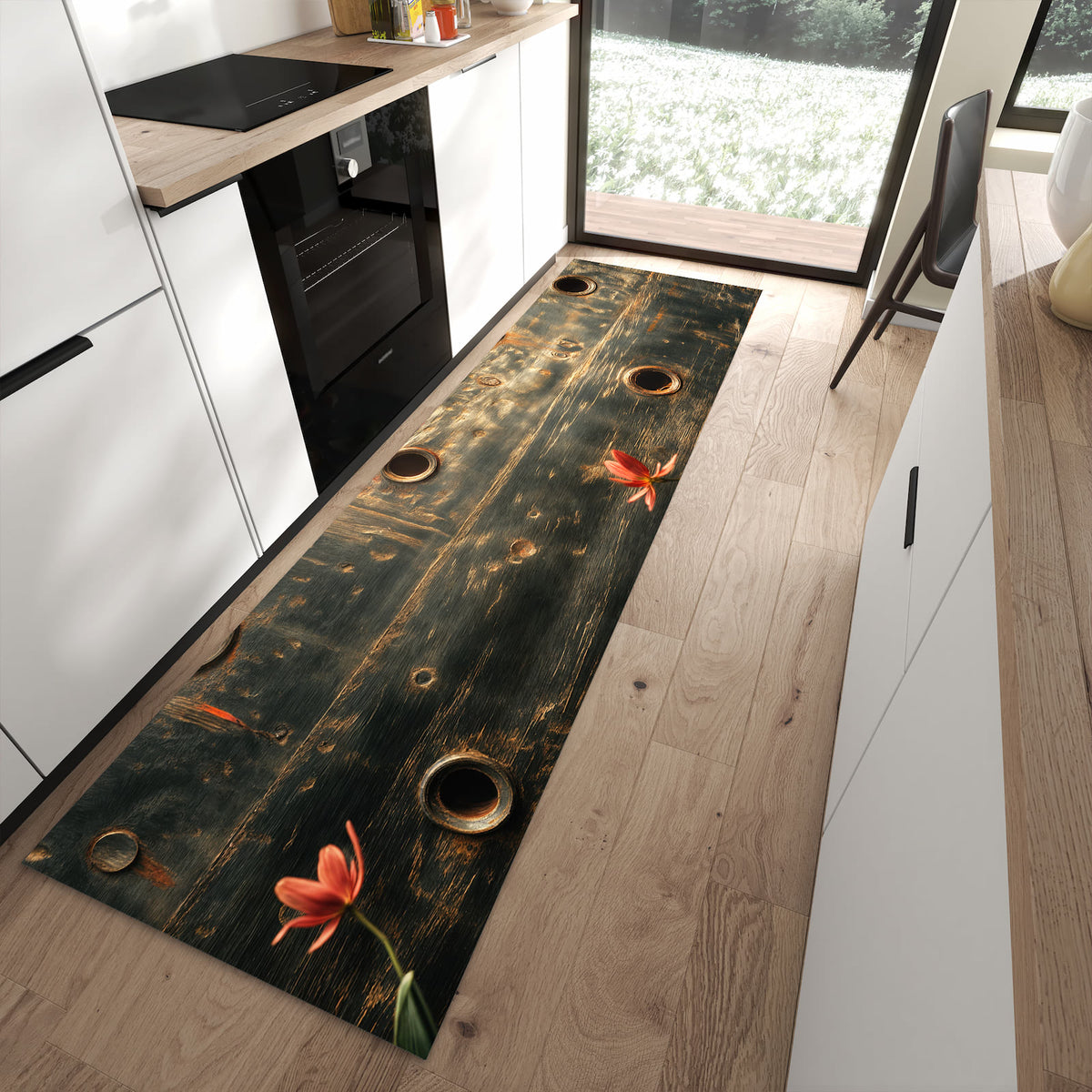 Farbbeständiger dünner Teppich mit Motiv Metallplatte Vintage in moderner Küche