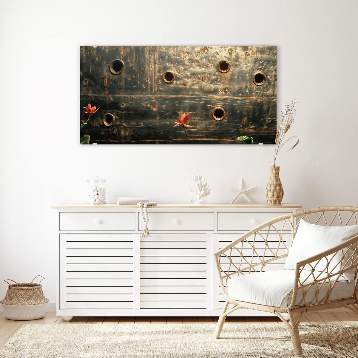 Echtglas, 4 mm – kein Acryl, keine Folie – Wandbild - Rote Blüten am Metall - Querformat