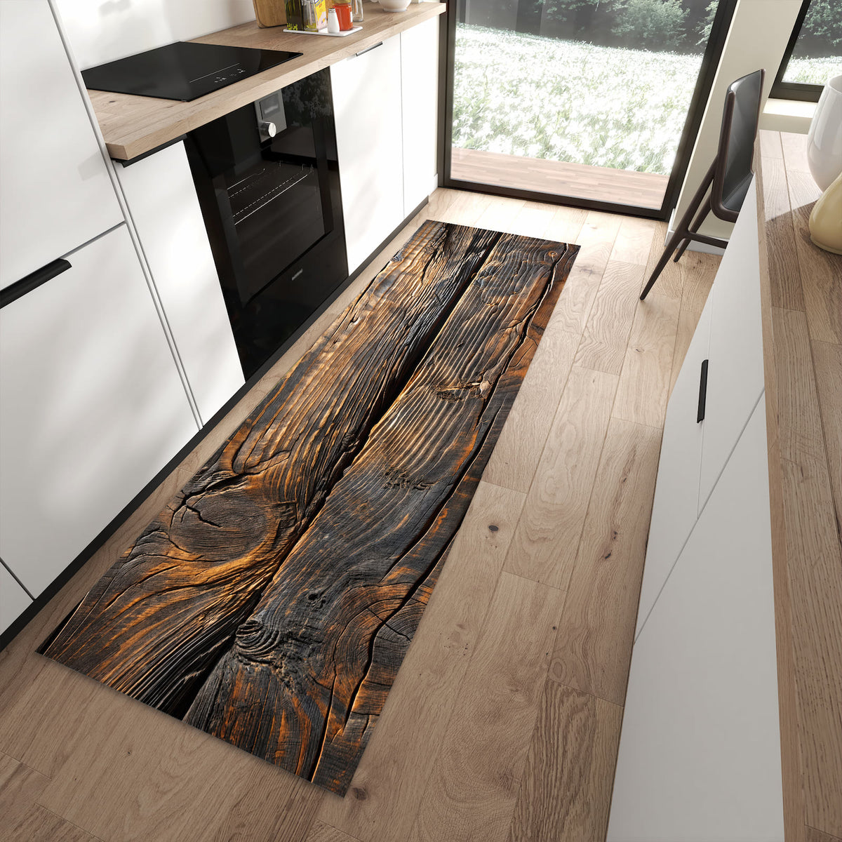 Pflegeleichter Läufer für die Küche mit Motiv Holztextur Altholz in moderner Küche
