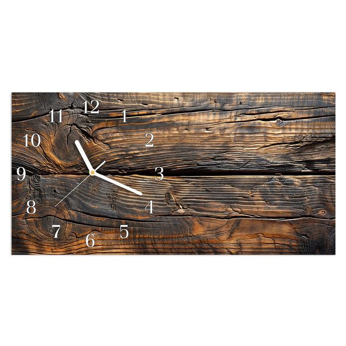 Wanduhr Holztextur Altholz aus Glas – Querformat 60 × 30 cm mit Ziffernblatt Klassisch