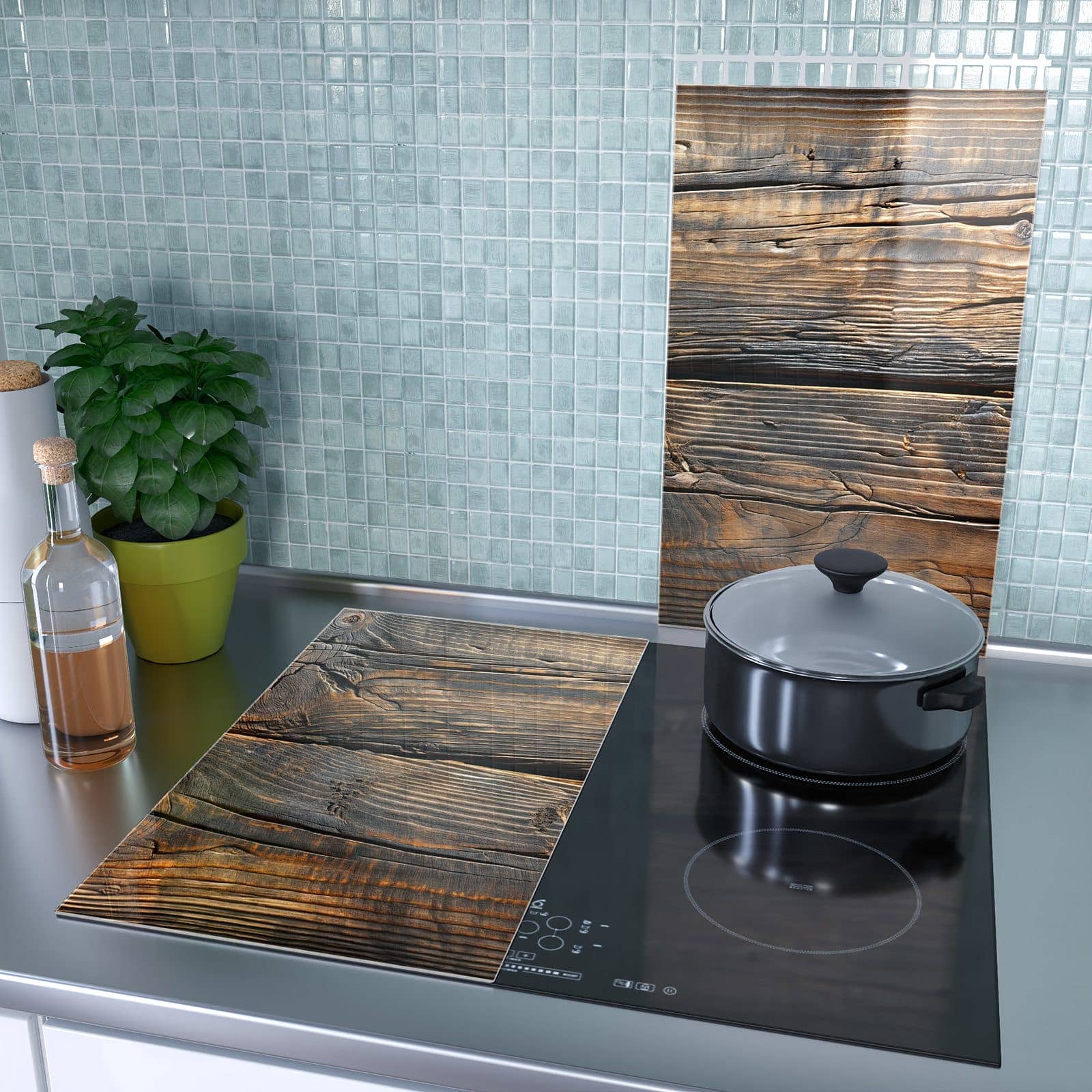 2-teilige Herdabdeckplatte mit Holztextur Altholz-Motiv als Spritzschutz hinter dem Kochfeld