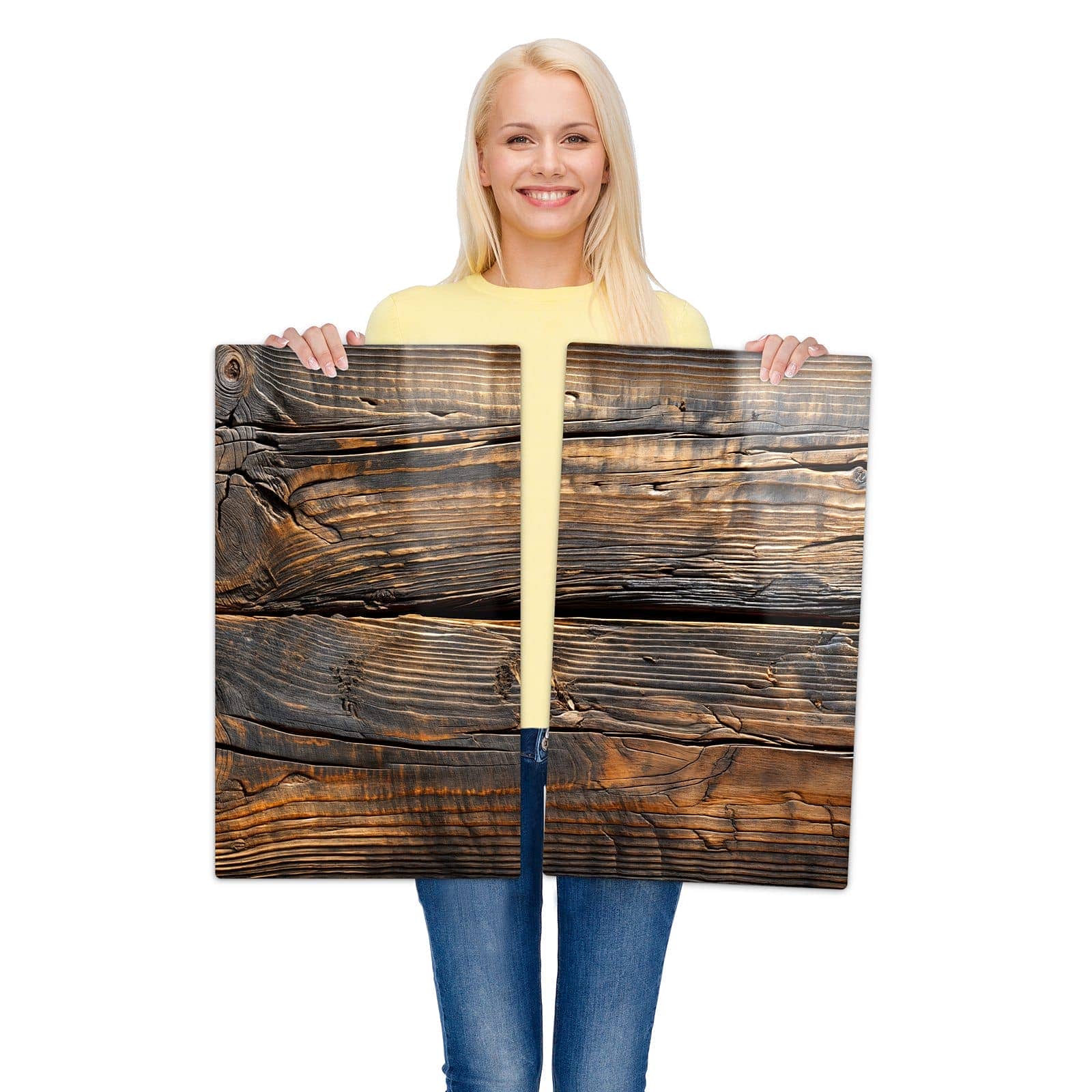 2-teilige Herdabdeckplatten mit Holztextur Altholz-Motiv wird zur Größendarstellung gehalten