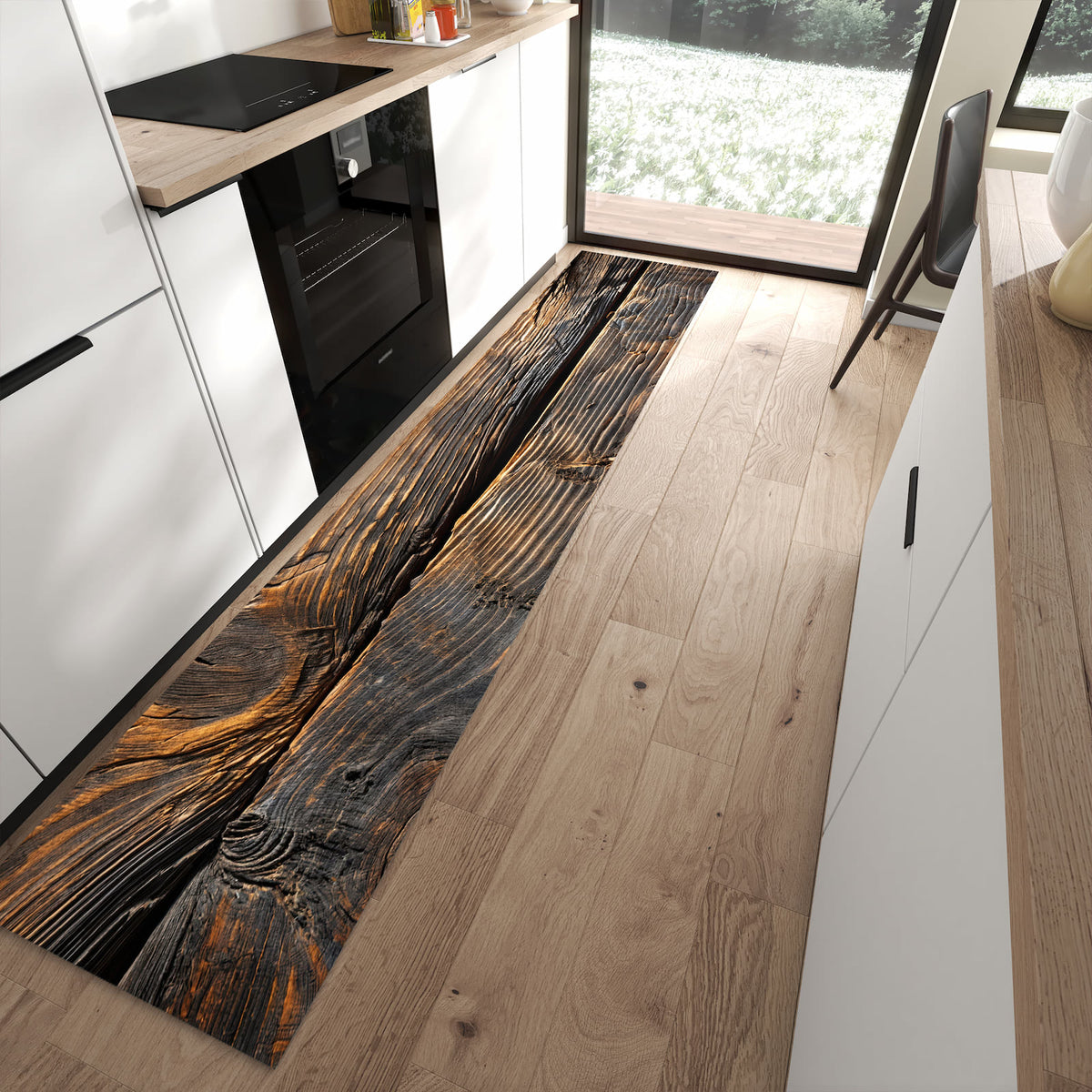 Geruchsneutraler Küchenteppich mit Motiv Holztextur Altholz in moderner Küche
