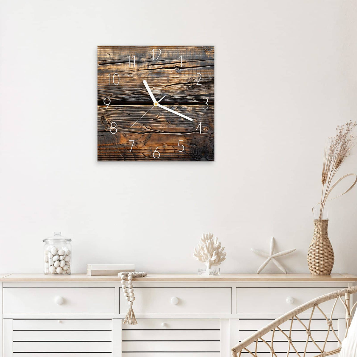 Wanduhr Rissiges Altholz aus Glas – Quadratisch 30 × 30 cm – Zwei dunkle Bohlen mit langem Riss