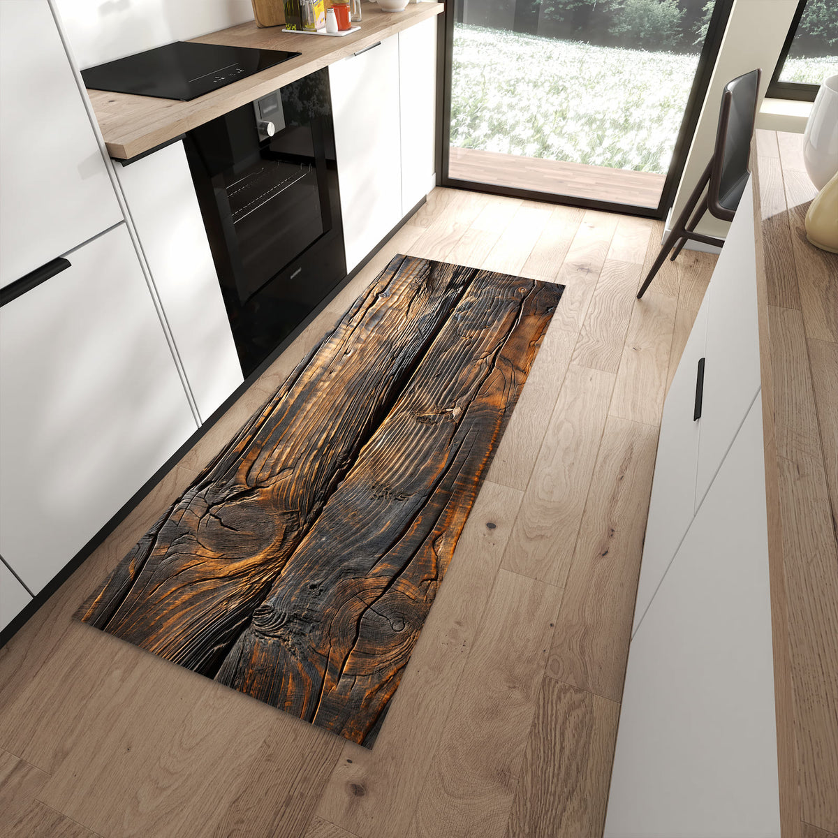 Flacher Küchenteppich mit Motiv Holztextur Altholz in moderner Küche