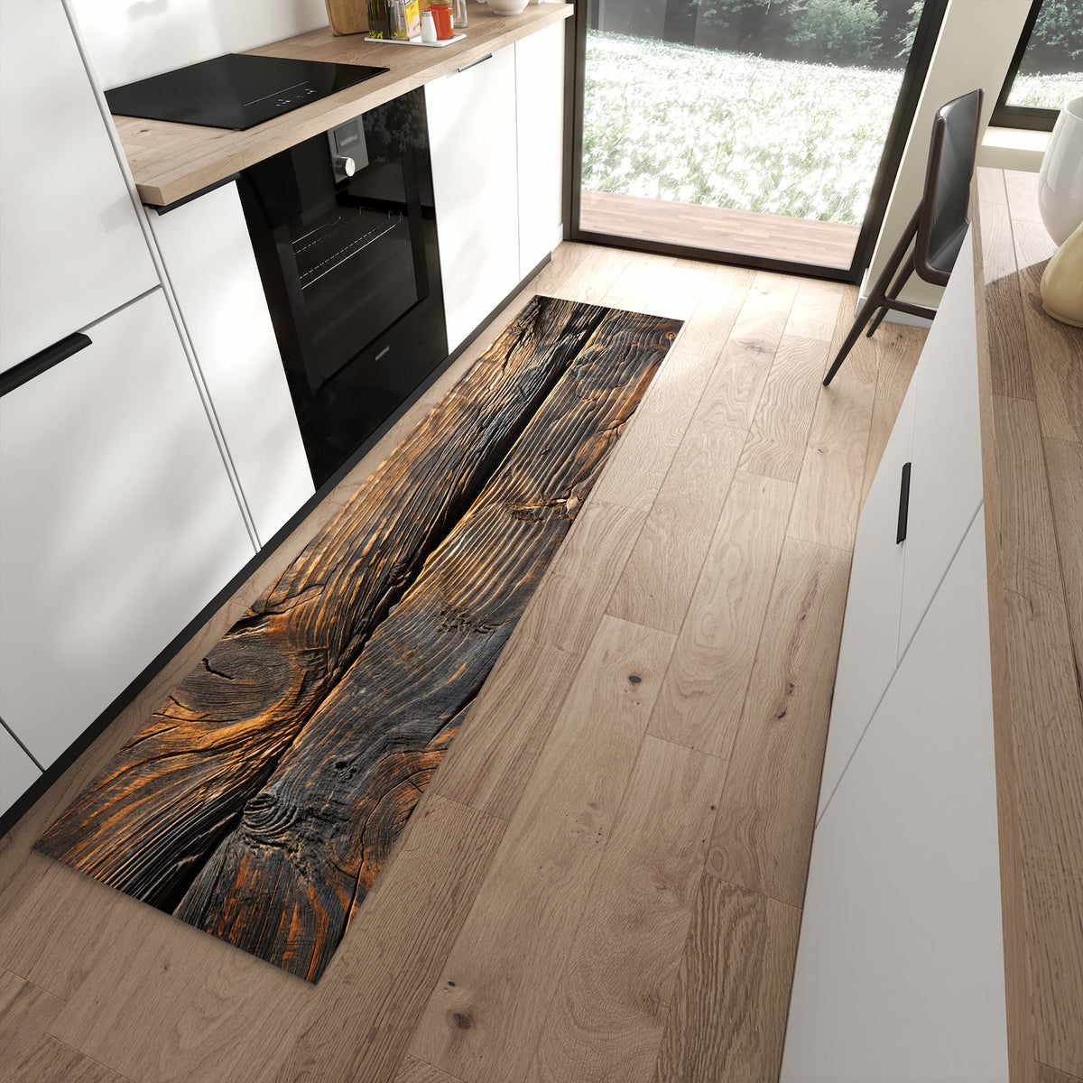 Fleckenresistenter Küchenteppich mit Motiv Holztextur Altholz in moderner Küche