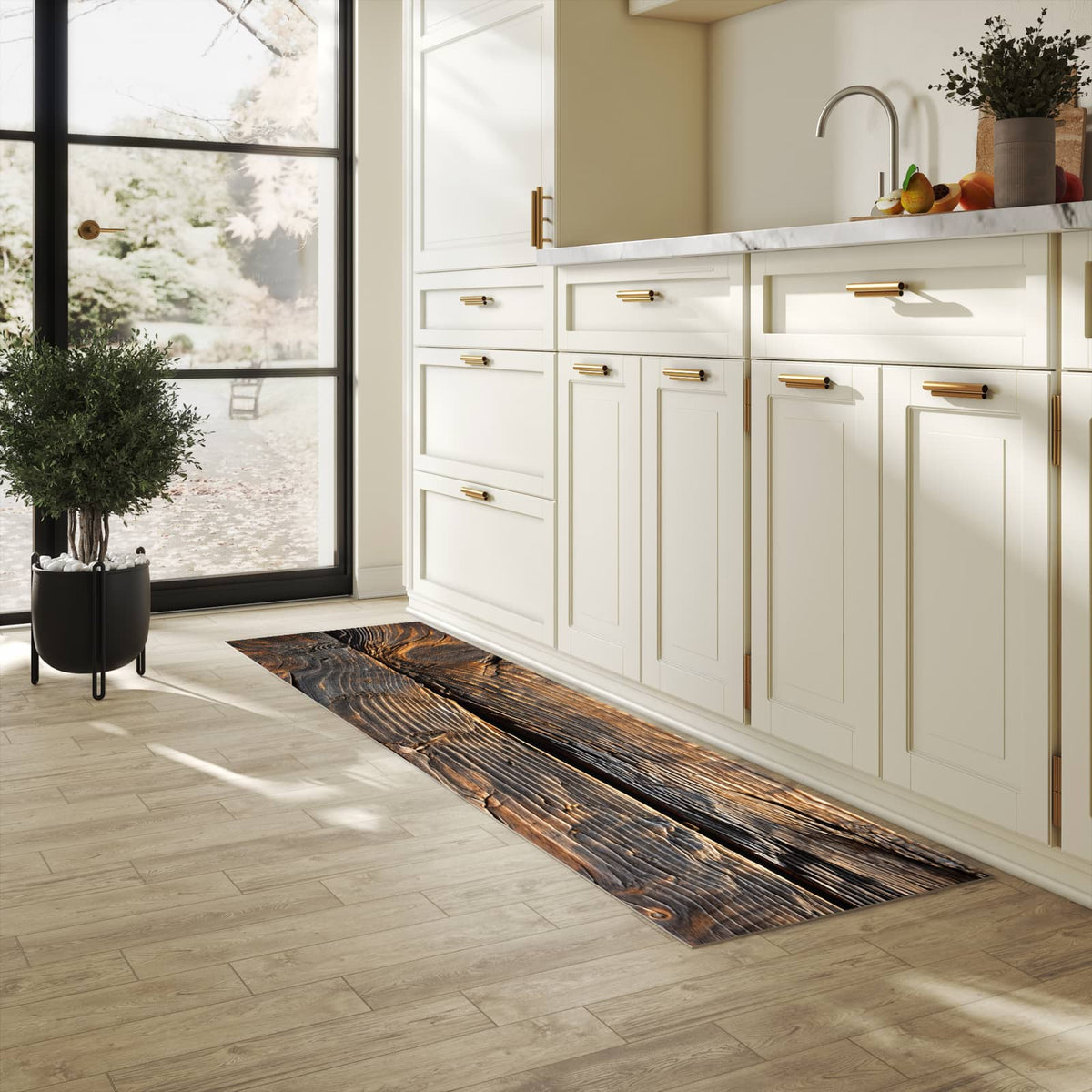 Komfortabler Küchenläufer mit Motiv Holztextur Altholz in heller Küche für angenehmes Stehen