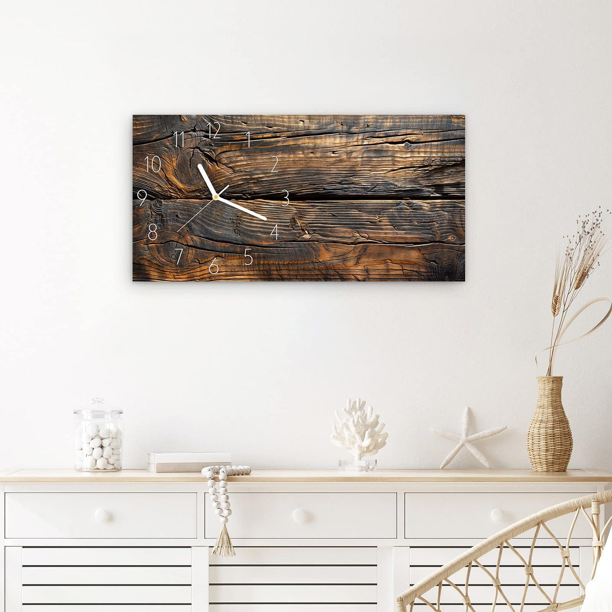 Wanduhr Holztextur Altholz aus Glas – Querformat 60 × 30 cm – Gealtertes Holz mit Jahresringen