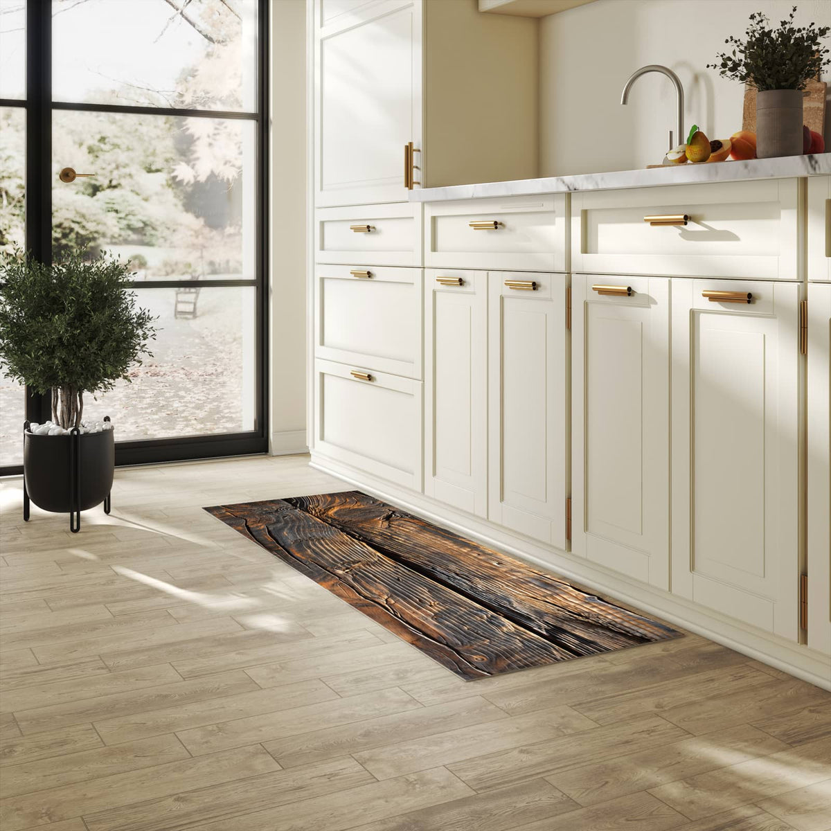 UV-beständiger Küchenläufer mit Motiv Holztextur Altholz in heller Küche