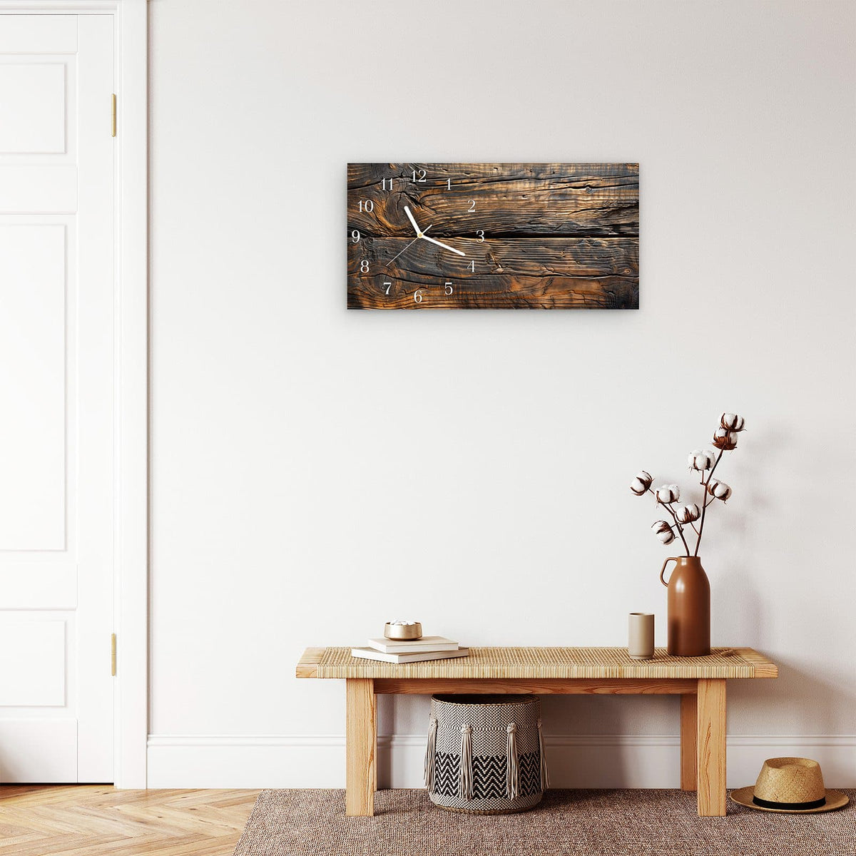 Moderne Wanduhr aus Glas mit Farbtiefe – Wanduhr Holztextur Altholz aus Glas – Querformat 60 × 30 cm