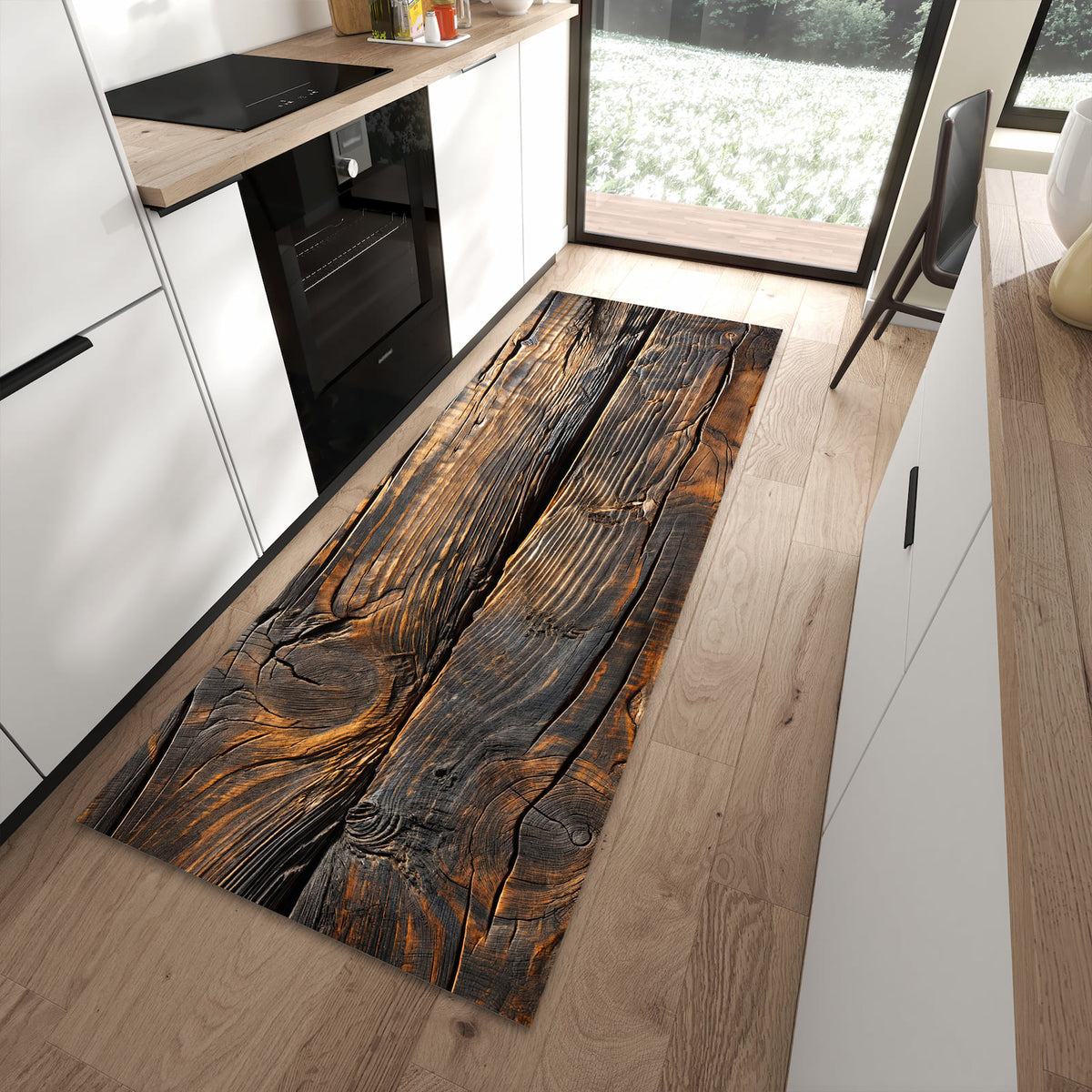 Küchenvorleger mit Motiv Holztextur Altholz für angenehme Haptik in moderner Küche