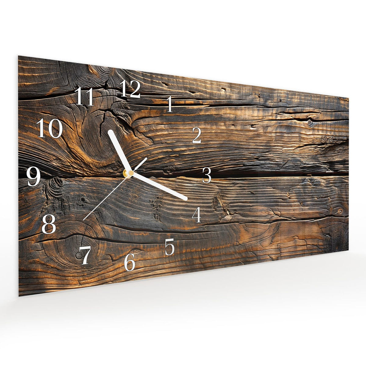Vormontiert – mit Schwebeeffekt – Wanduhr Holztextur Altholz aus Glas – Querformat 60 × 30 cm