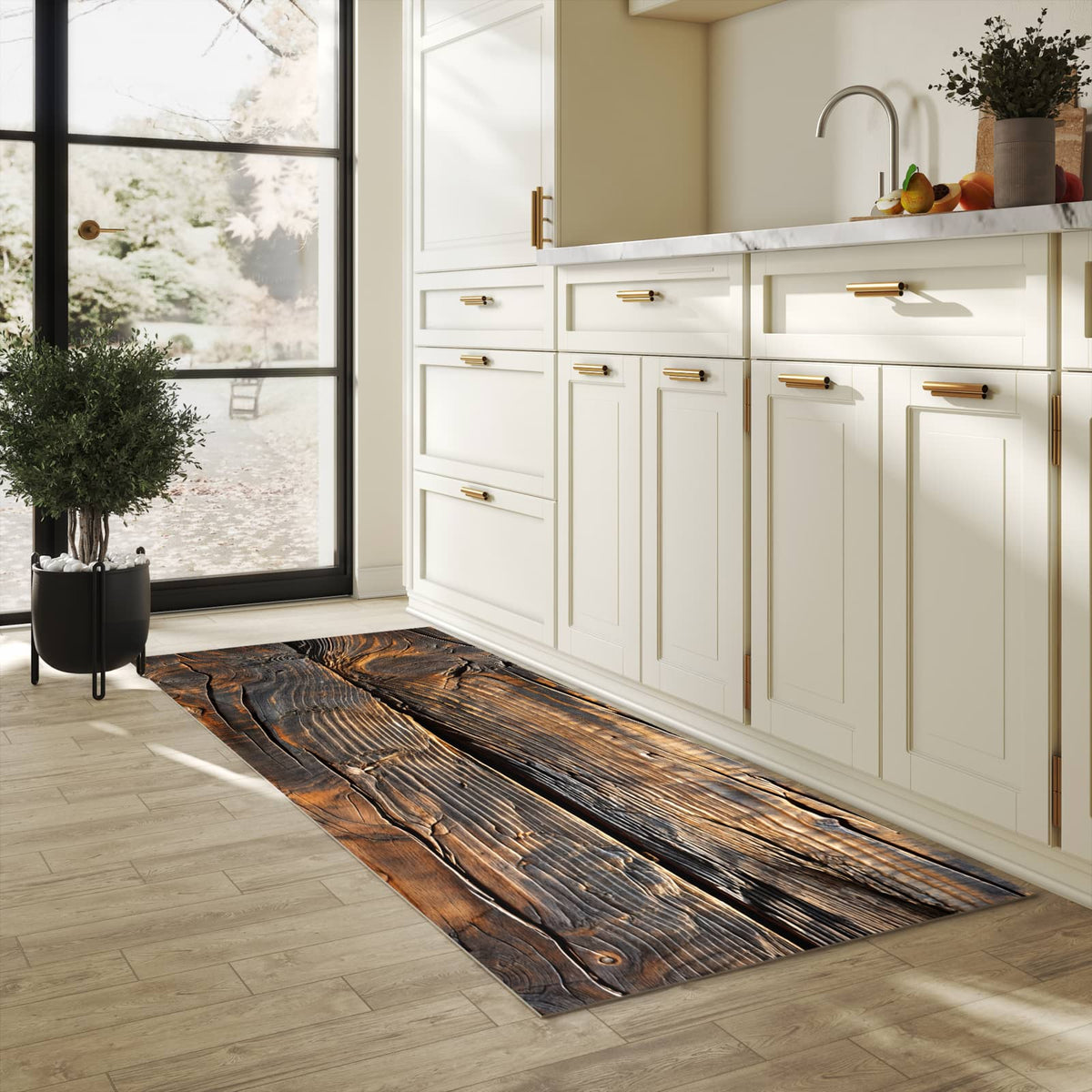 Rutschfester dünner Küchenteppich mit Motiv Holztextur Altholz in heller Küche