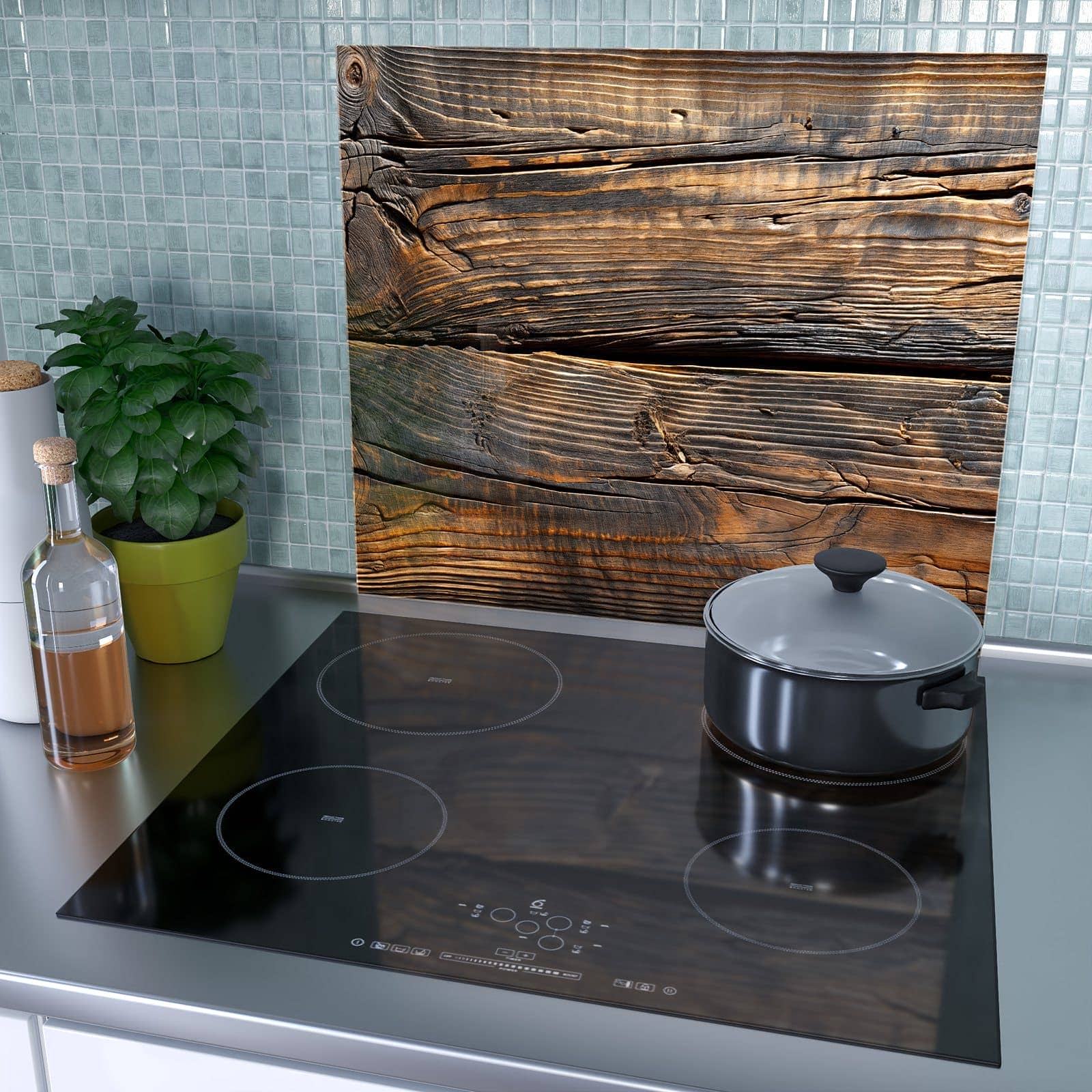 1-teilige Herdabdeckplatten für Ceranfeld mit Holztextur Altholz-Motiv als Spritzschutz hinter dem Kochfeld
