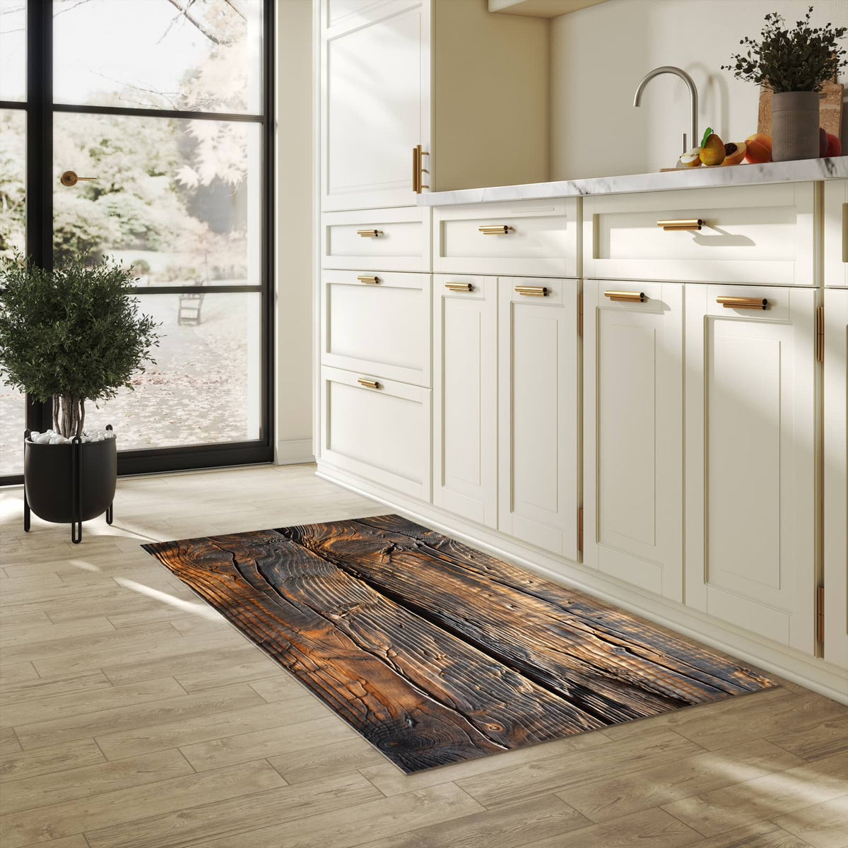 Komfortabler rutschfester Küchenteppich mit Motiv Holztextur Altholz in heller Küche