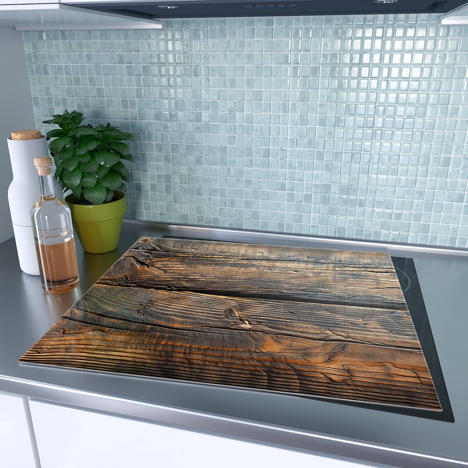 1-teilige Ceranfeld Abdeckung mit Holztextur Altholz-Motiv auf dem Ceranfeld