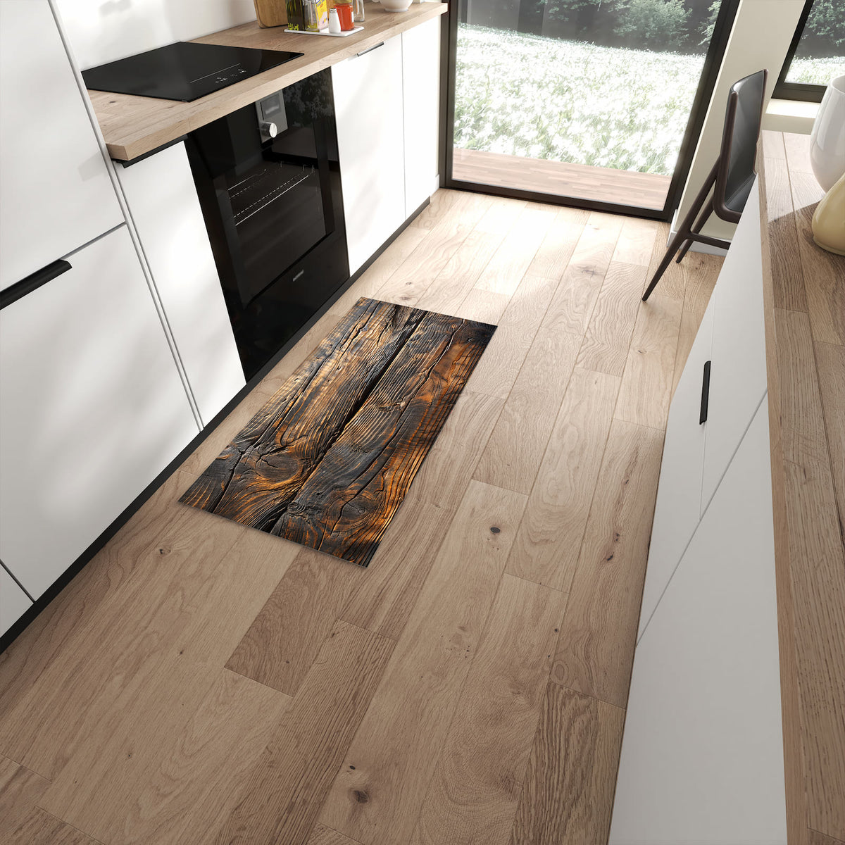 UV-beständiger Küchenteppich mit Motiv Holztextur Altholz in moderner Küche #grösse_60 x 120 cm