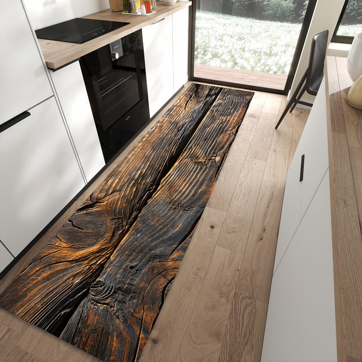 Rutschfester Küchenläufer mit Motiv Holztextur Altholz in moderner Küche