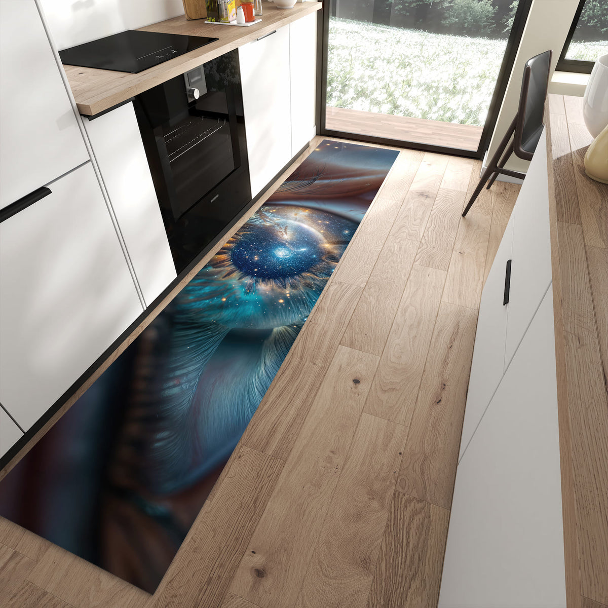 Waschbarer Küchenläufer mit Motiv Galaxie im Auge für Ordnung in moderner Küche
