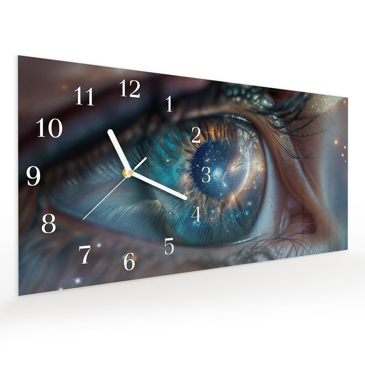 Vormontiert – mit Schwebeeffekt – Wanduhr Galaxie im Auge aus Glas – Querformat 60 × 30 cm