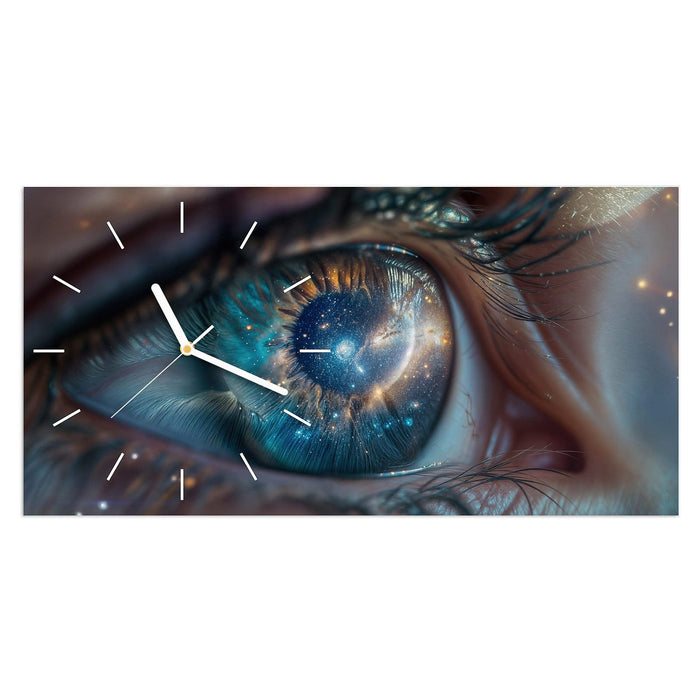 Wanduhr Galaxie im Auge aus Glas – Querformat 60 × 30 cm mit Ziffernblatt Linie