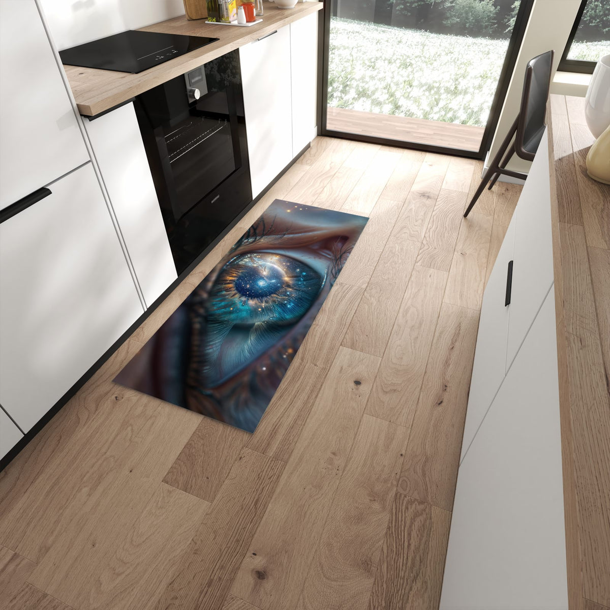 Langlebiger Küchenläufer mit Motiv Galaxie im Auge in moderner Küche #grösse_60 x 150 cm