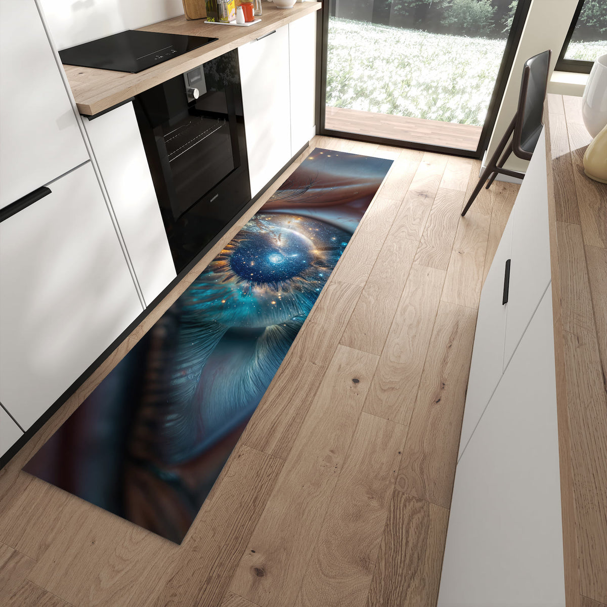 Bodenschonender rutschfester Küchenläufer mit Motiv Galaxie im Auge in moderner Küche