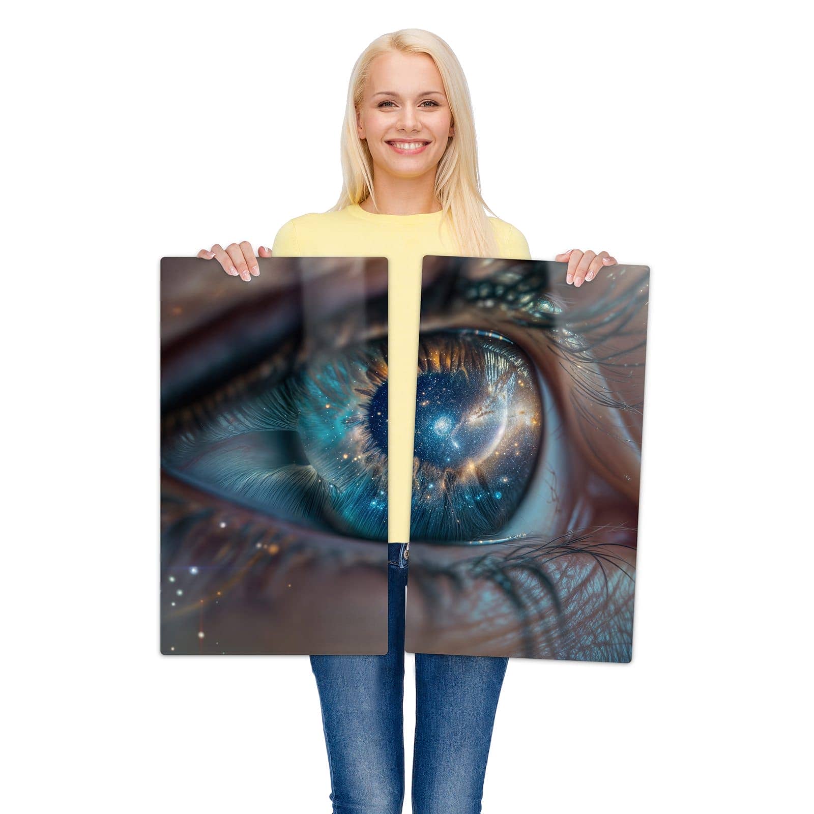 2-teilige Glasabdeckplatte für Ceranfeld mit Galaxie im Auge-Motiv wird zur Größendarstellung gehalten
