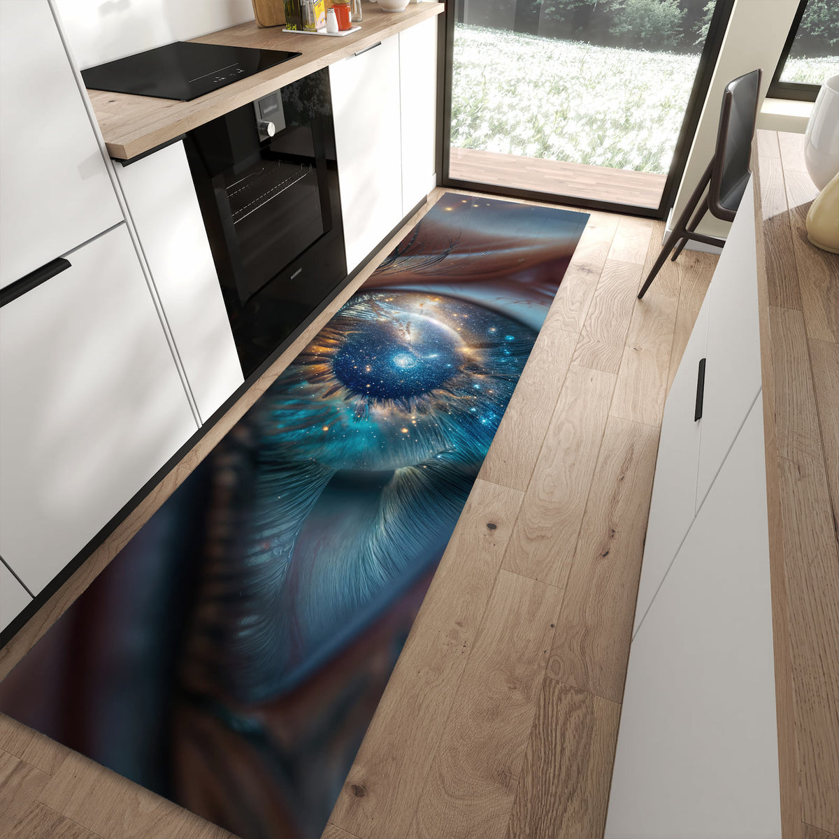 Zeitsparender moderner Küchenläufer mit Motiv Galaxie im Auge in moderner Küche