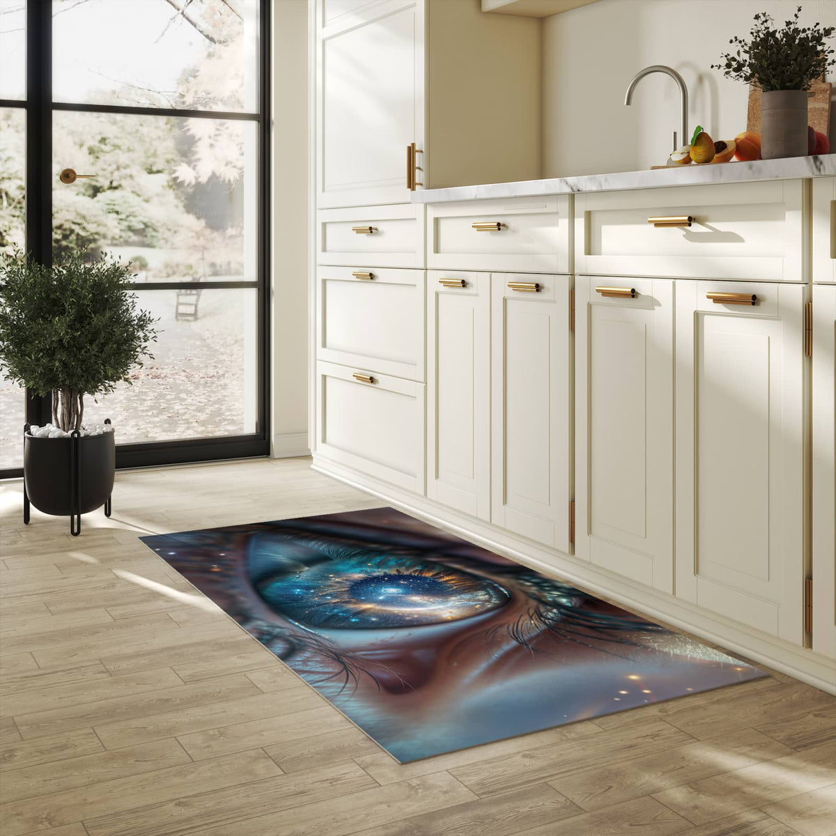 Küchenteppich mit Motiv Galaxie im Auge in heller Küche für sicheres Aufbewahren