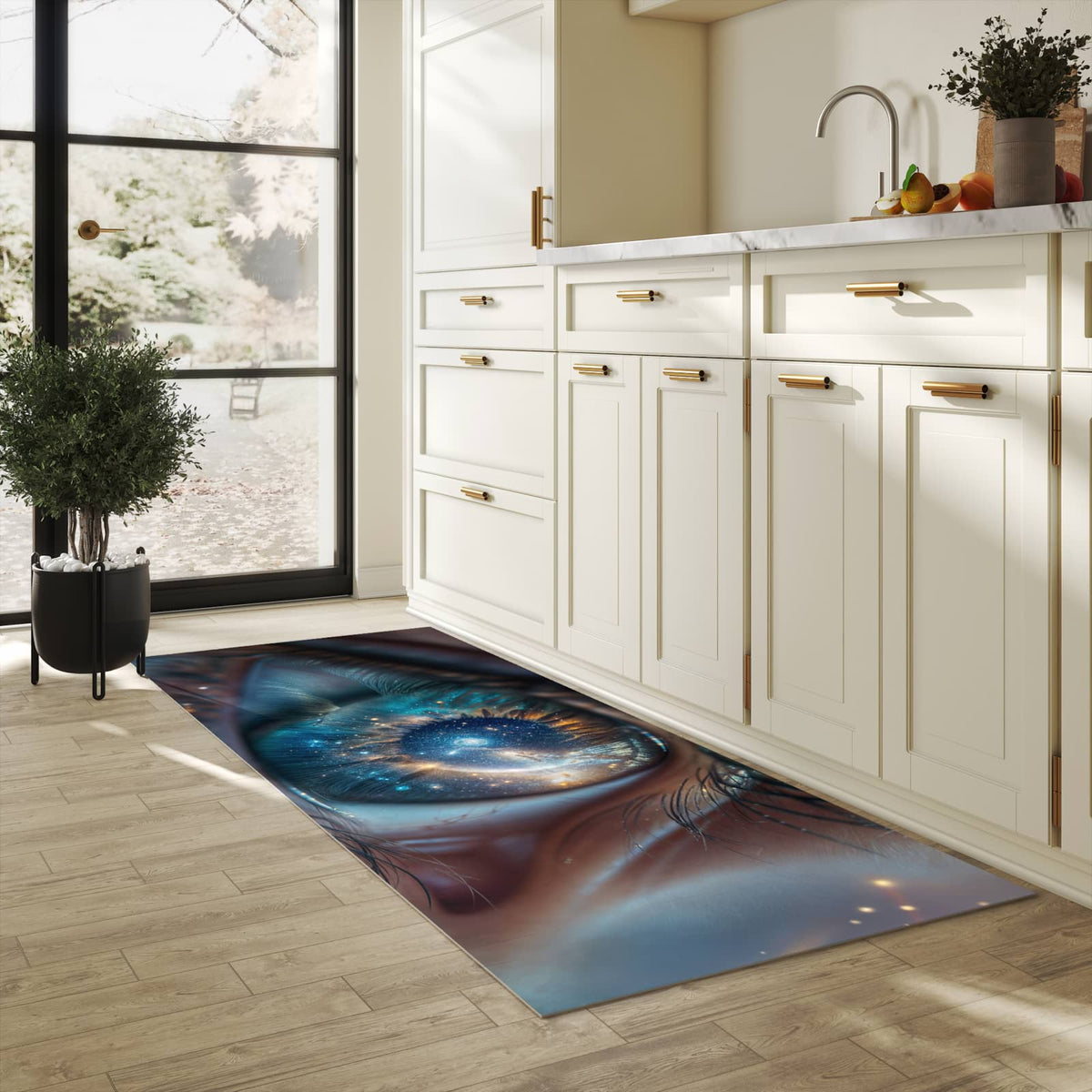 Zeitsparender Küchenteppich mit Motiv Galaxie im Auge in heller Küche