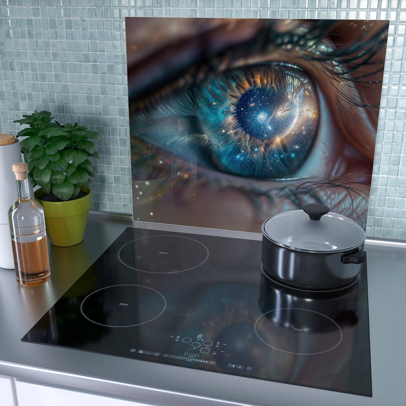 1-teilige Herdabdeckplatten aus Glas mit Galaxie im Auge-Motiv als Spritzschutz hinter dem Kochfeld