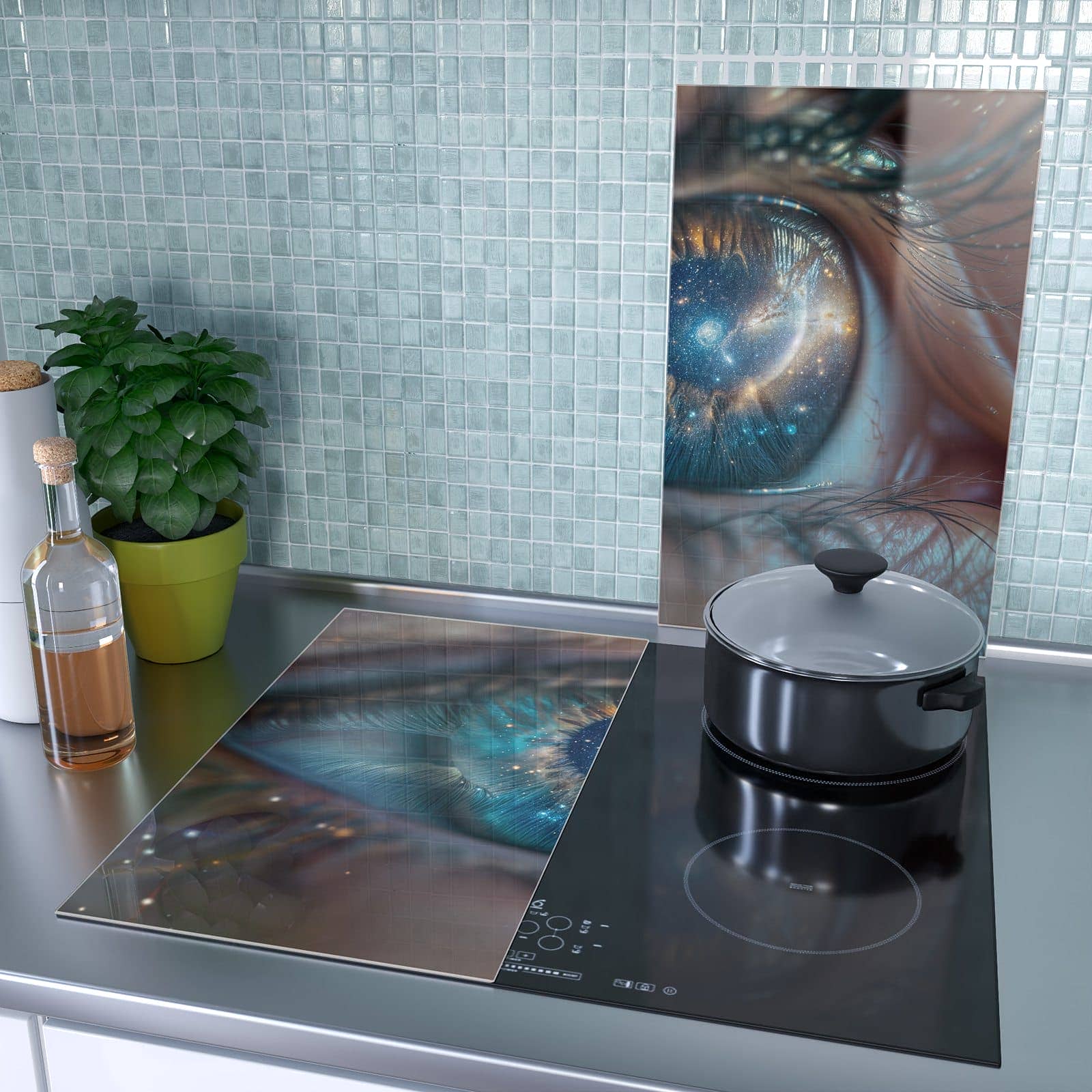 2-teilige Herdabdeckung für Induktionsfeld mit Galaxie im Auge-Motiv als Spritzschutz hinter dem Kochfeld