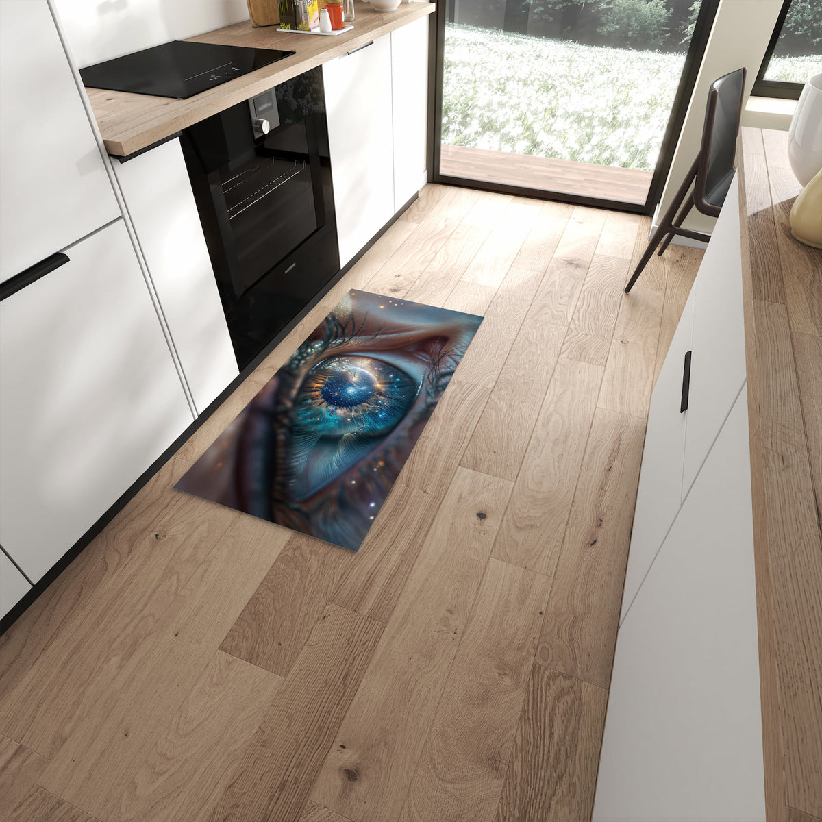 Waschbarer Küchenläufer mit Motiv Galaxie im Auge in moderner Küche #grösse_60 x 120 cm