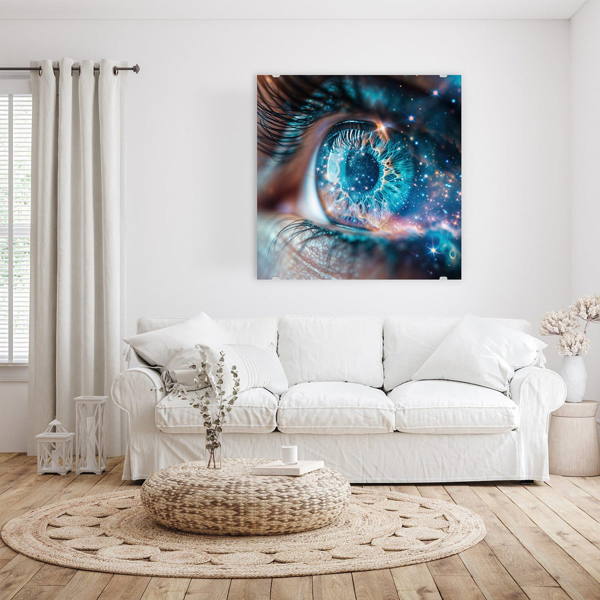 Glasbild Galaktisches Auge an der Wand – Nahaufnahme eines Auges, dessen Iris und Umfeld voller türkiser Sterne stecken
