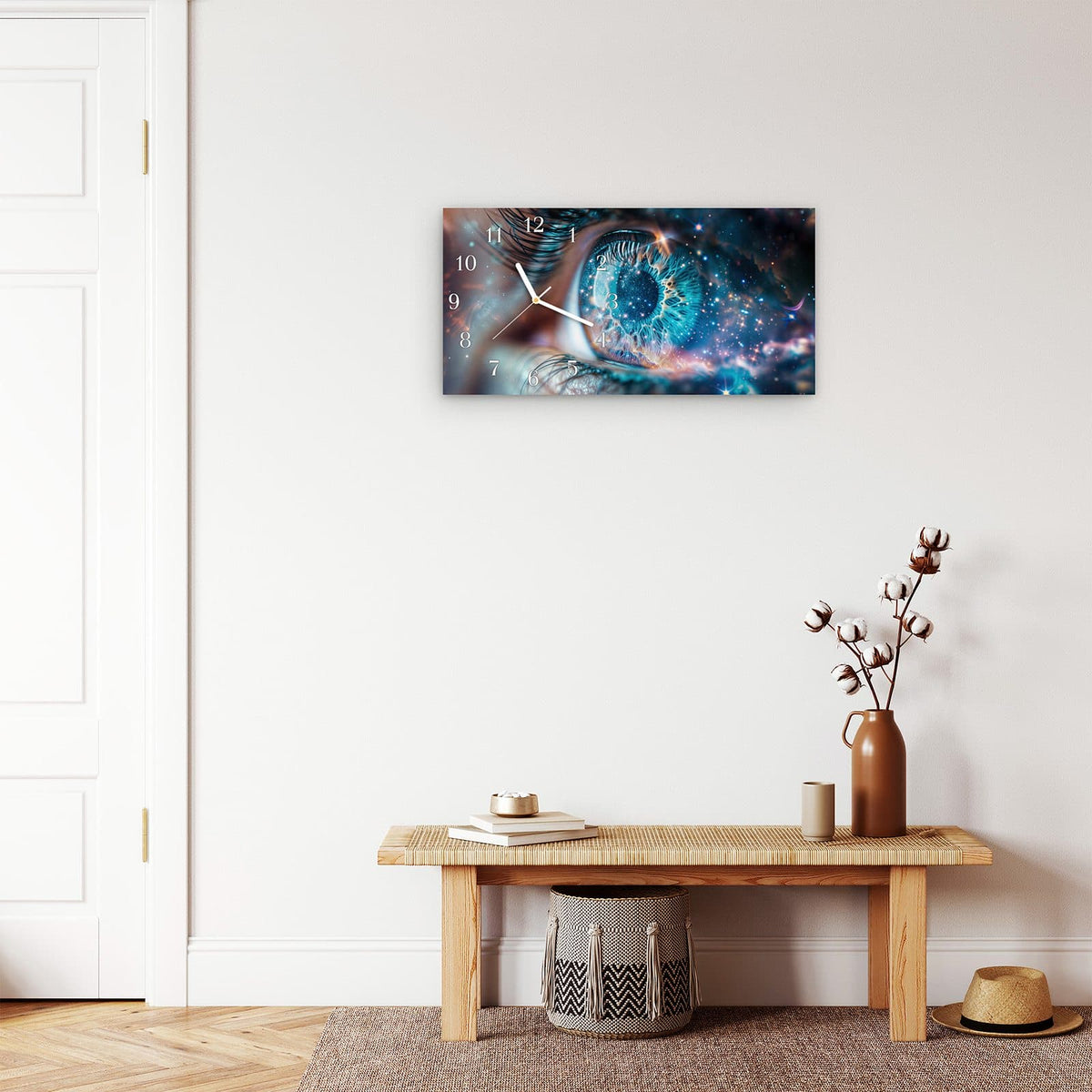 Moderne Wanduhr aus Glas mit Farbtiefe – Wanduhr Galaktisches Auge aus Glas – Querformat 60 × 30 cm