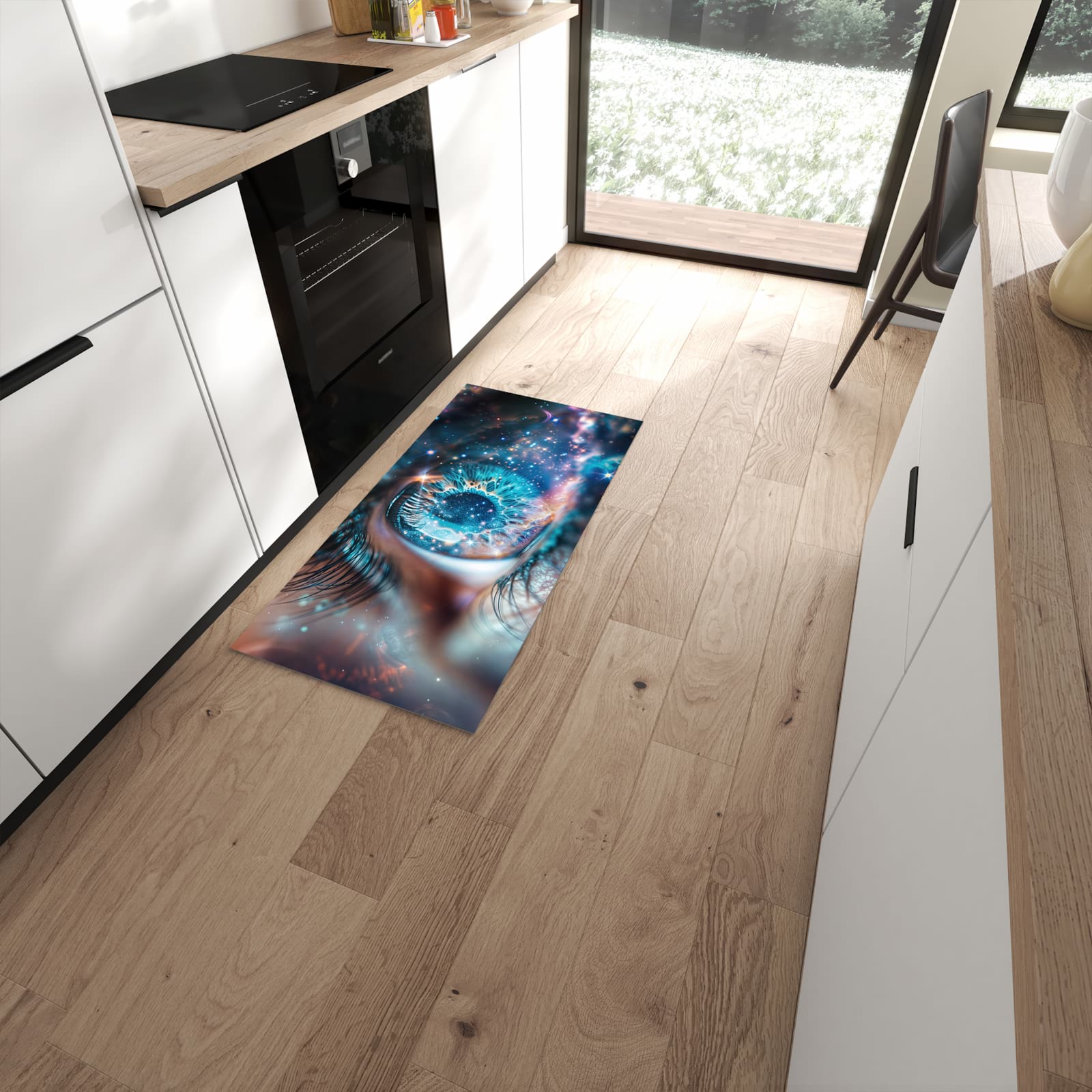 Wasserabweisender Bodenläufer mit Motiv Galaktisches Auge in moderner Küche #grösse_60 x 120 cm