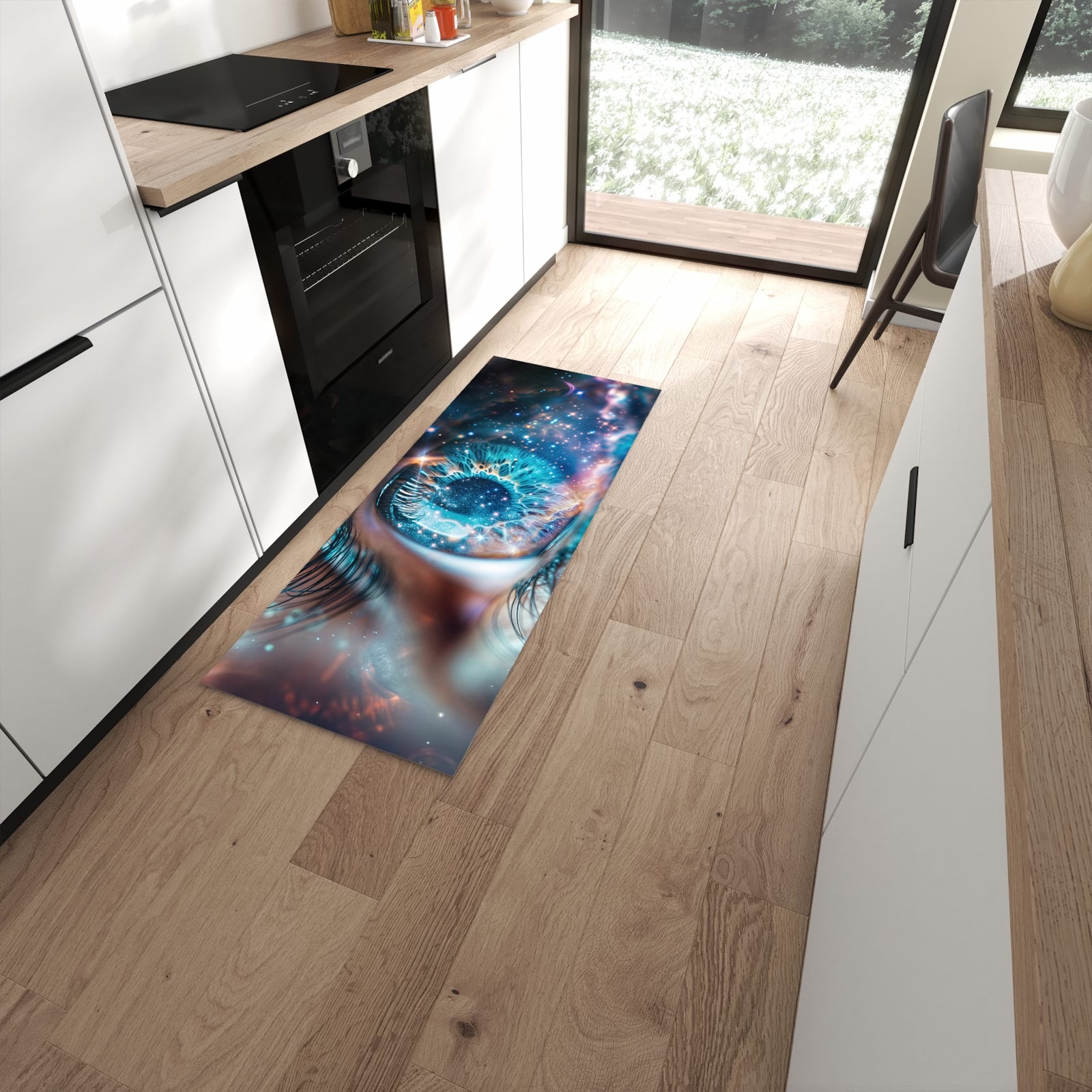 Fleckenresistenter Bodenläufer mit Motiv Galaktisches Auge in moderner Küche #grösse_60 x 150 cm