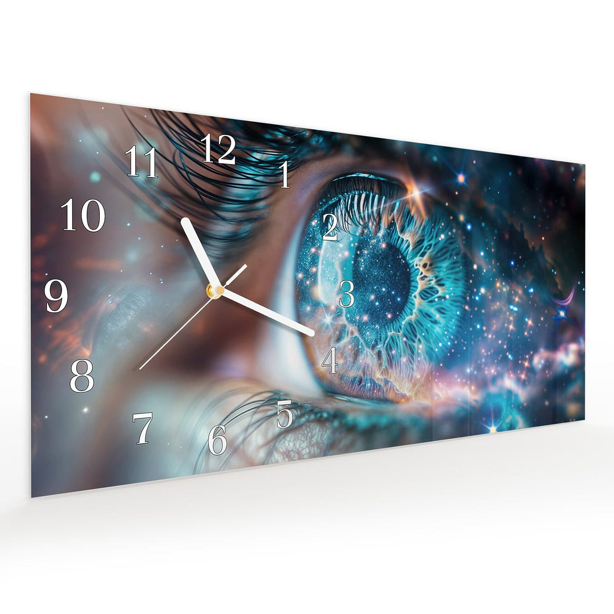 Vormontiert – mit Schwebeeffekt – Wanduhr Galaktisches Auge aus Glas – Querformat 60 × 30 cm