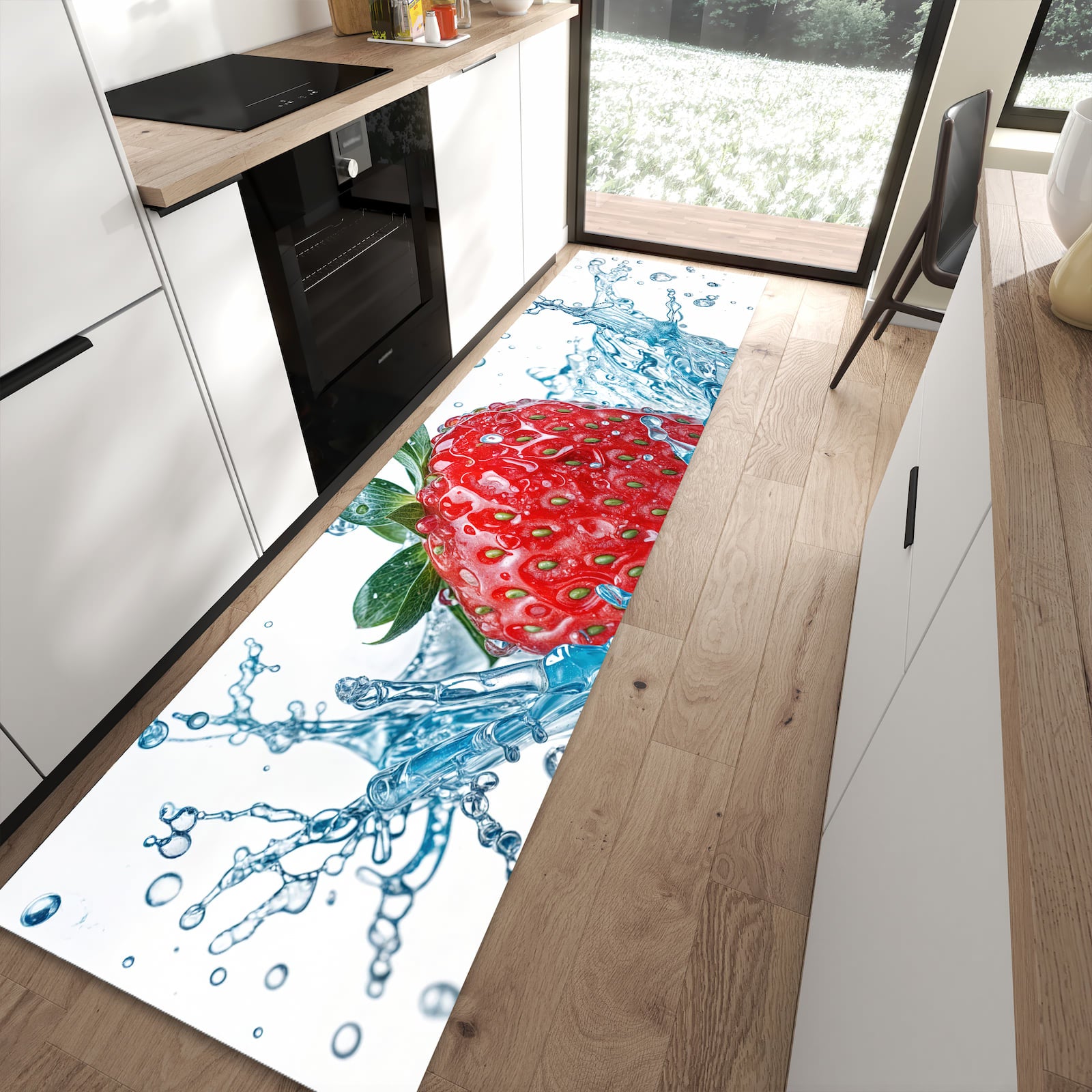 Abriebfester waschbarer Teppich fürs Esszimmer mit Motiv Erdbeere Splash in moderner Küche