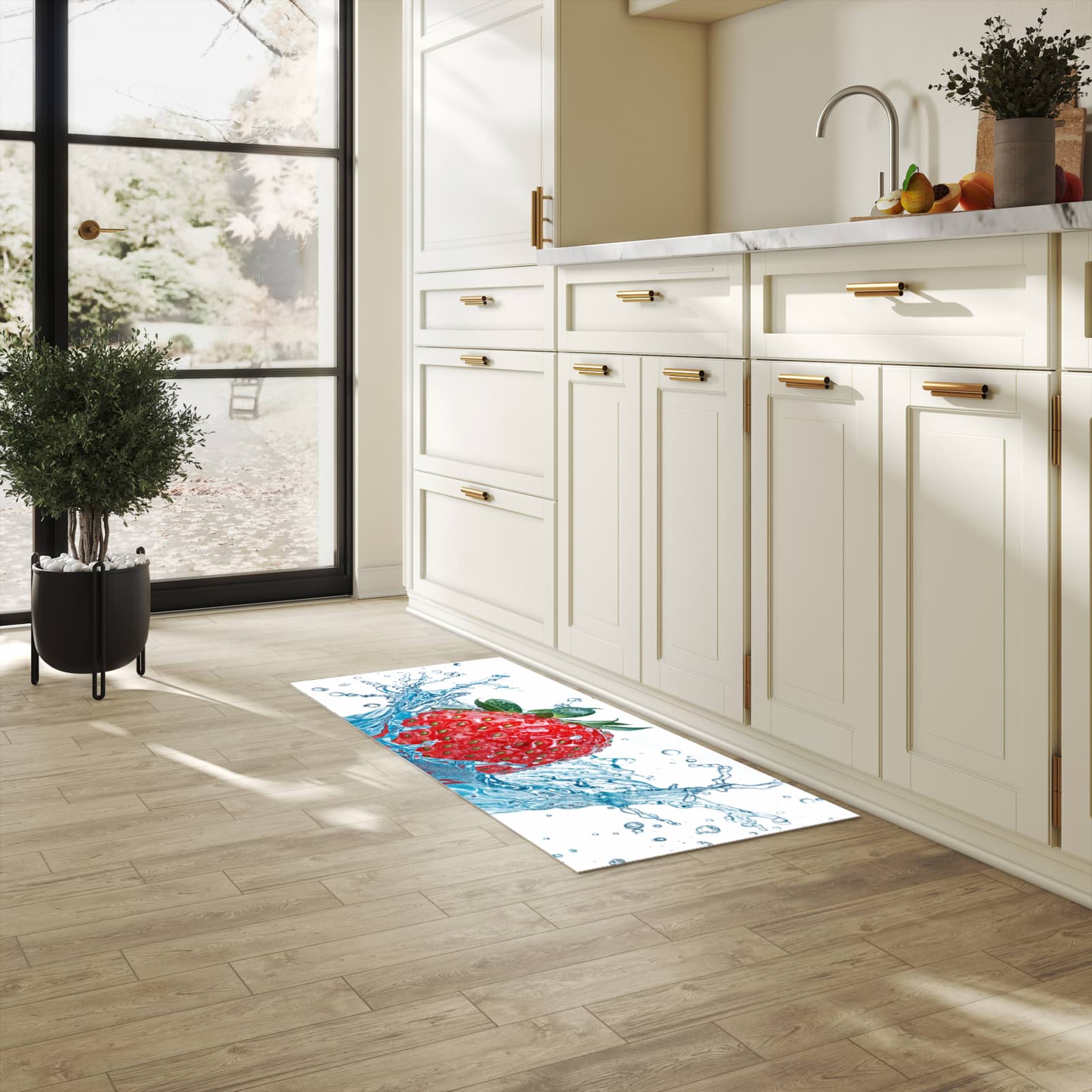 Langlebiger Bodenläufer mit Motiv Erdbeere Splash in heller Küche