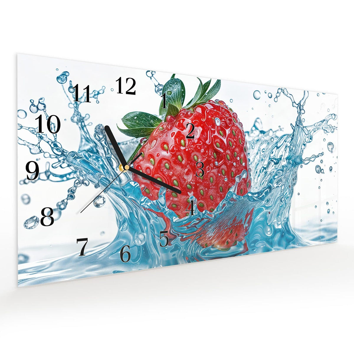 Vormontiert – mit Schwebeeffekt – Wanduhr Erdbeere Spritzer aus Glas – Querformat 60 × 30 cm